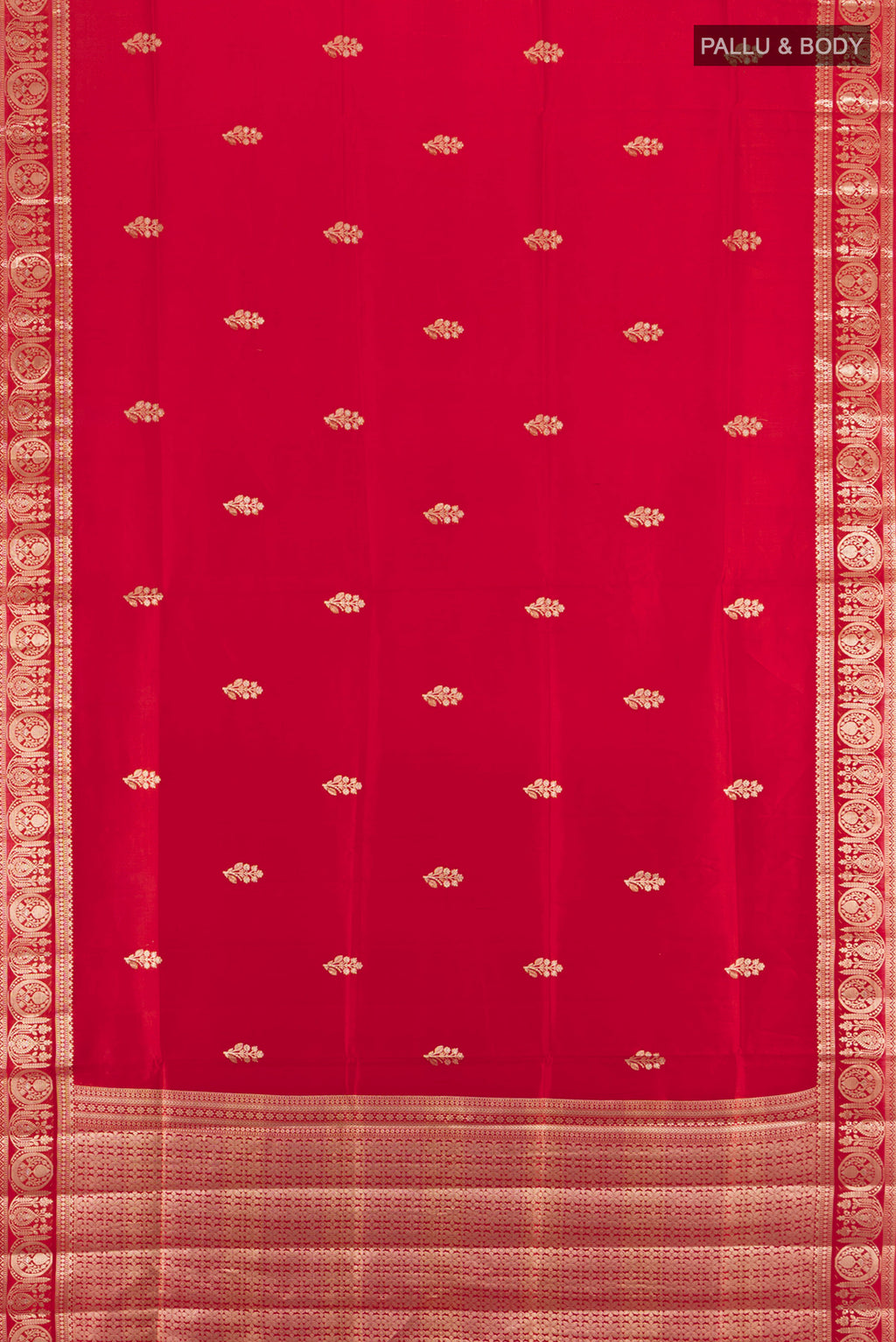 Flat view of Red Banarasi Raw Silk Saree with Zari Butta on the body and Zari Border. 