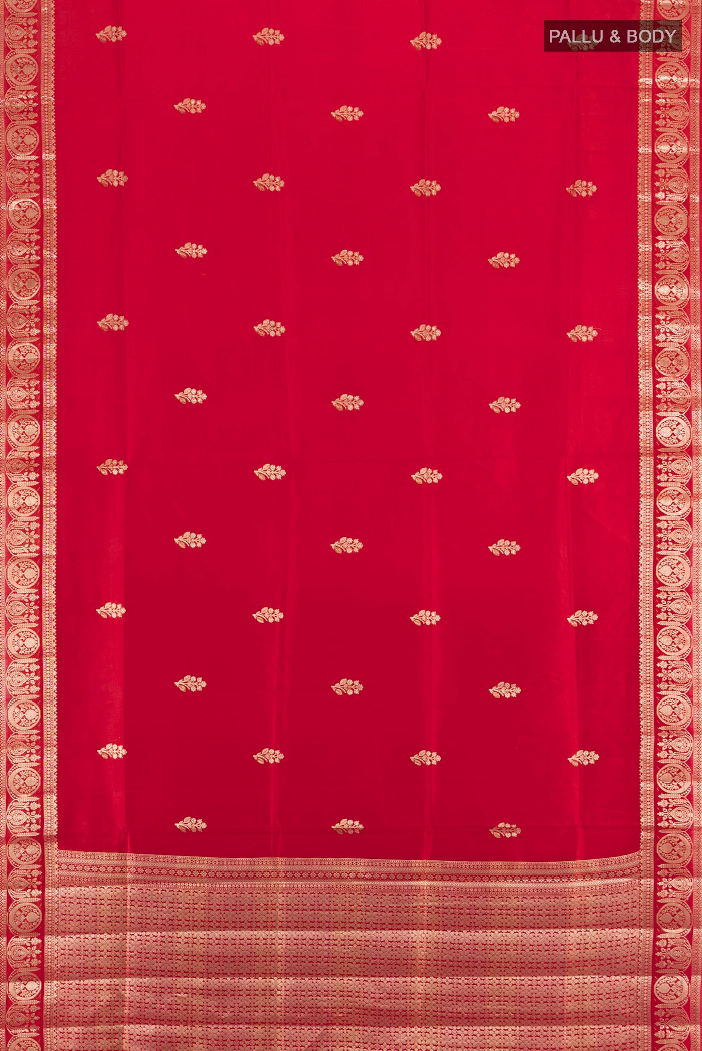 Flat view of Red Banarasi Raw Silk Saree with Zari Butta on the body and Zari Border. 