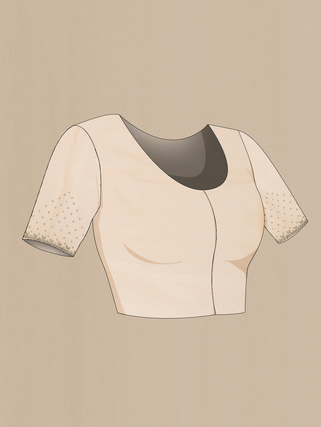 Close up image of the blouse of Golden Blended Embroidery Net Saree with Plain Body and Embroidery Border. 