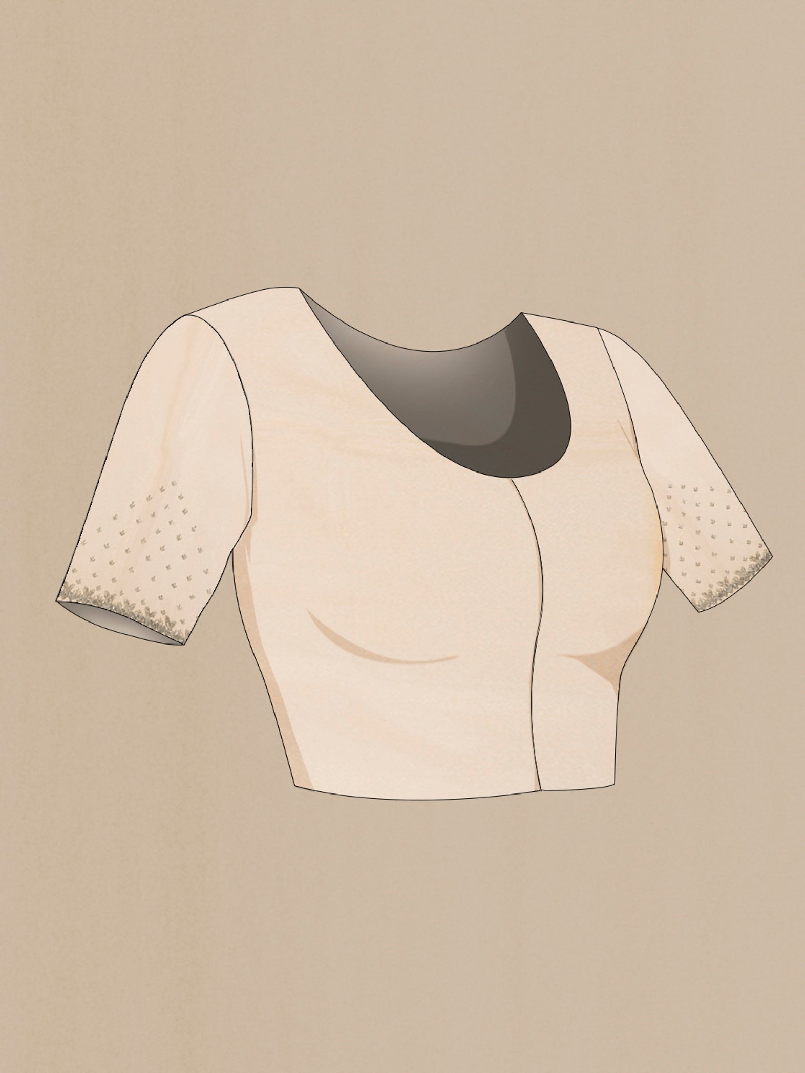 Close up image of the blouse of Golden Blended Embroidery Net Saree with Plain Body and Embroidery Border. 