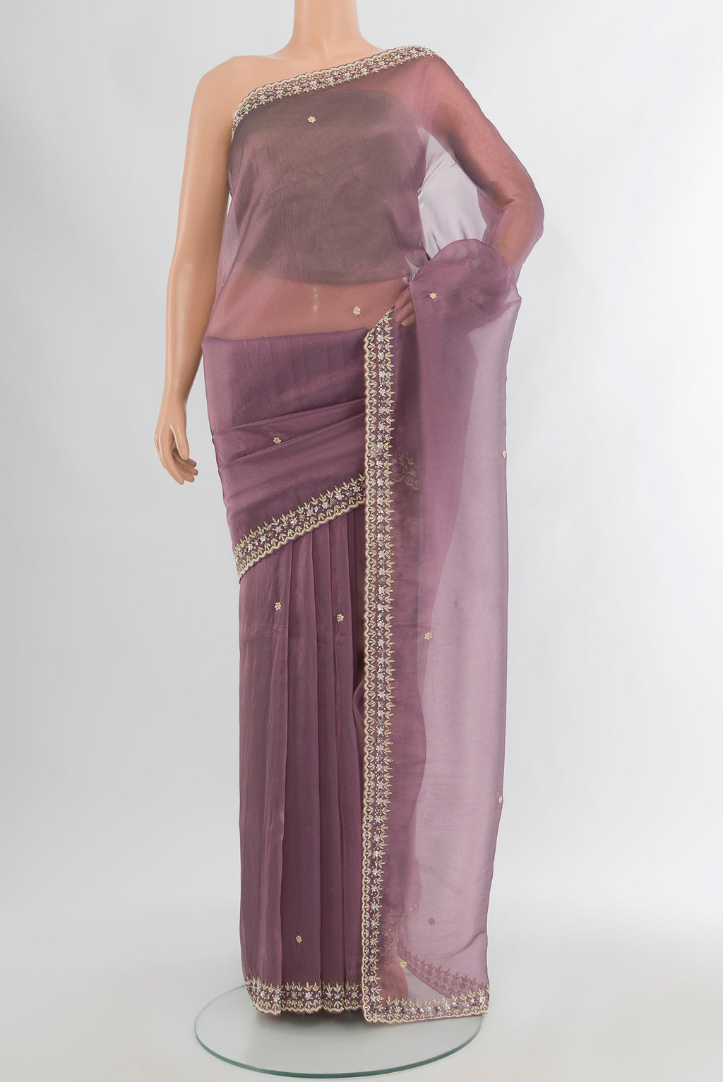 Purple Blended Embroidery Net Saree with Plain Body and Embroidery Border.  displayed on a mannequin