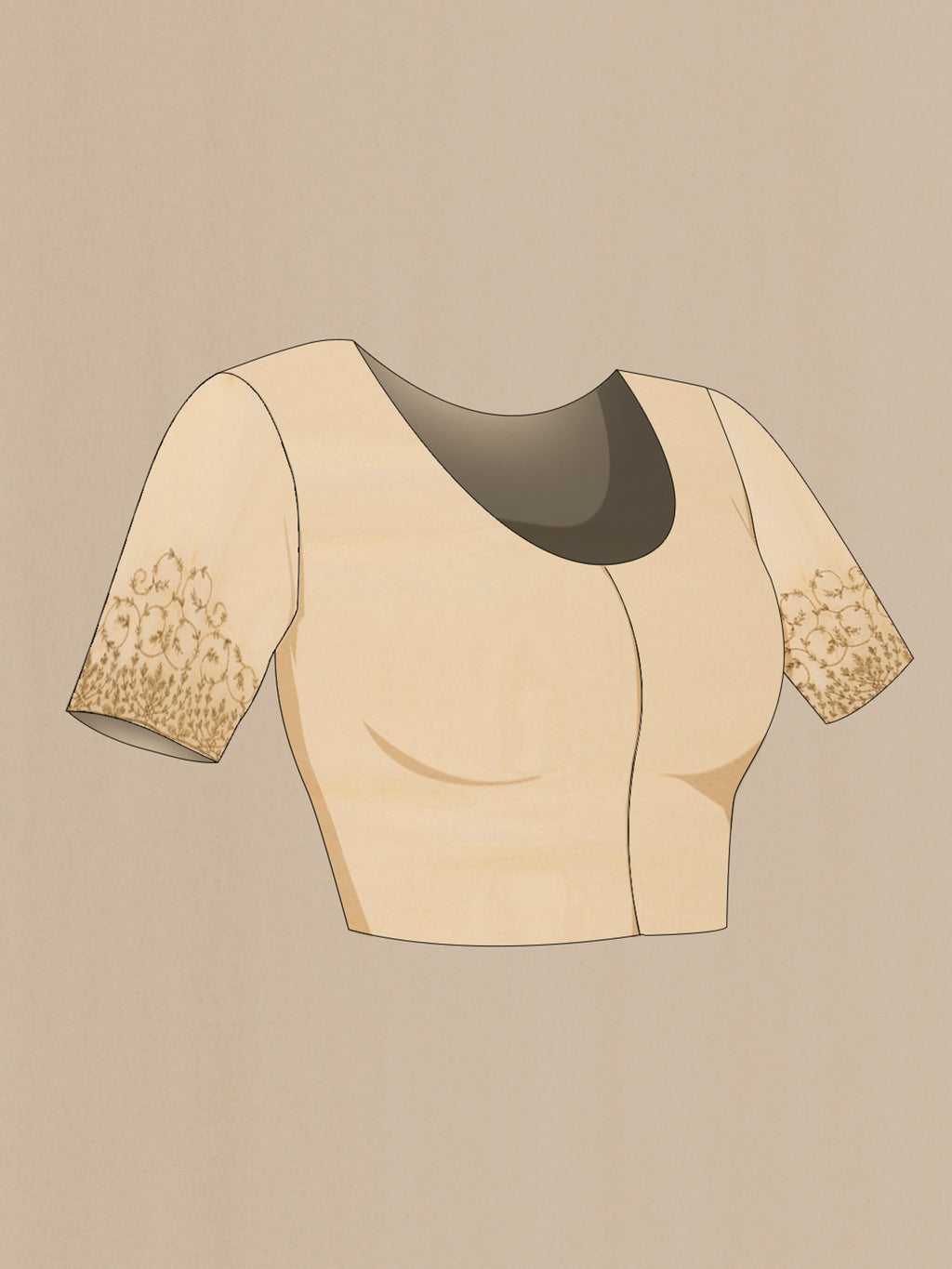 Close up image of the blouse of Sandal Blended Embroidery Net Saree with Embroidery on the body and Embroidery Border. 