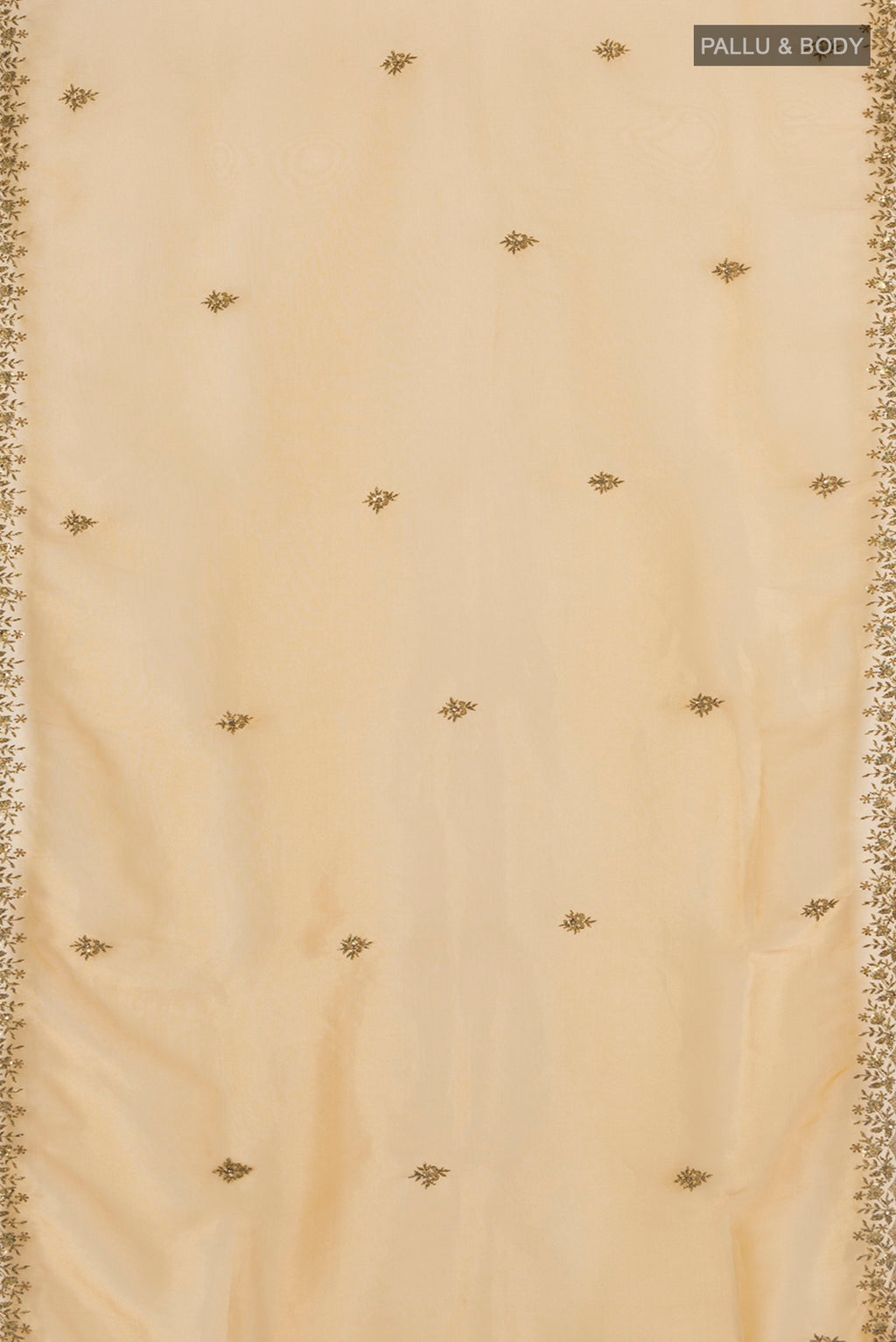 Flat view of Sandal Blended Embroidery Net Saree with Embroidery on the body and Embroidery Border. 
