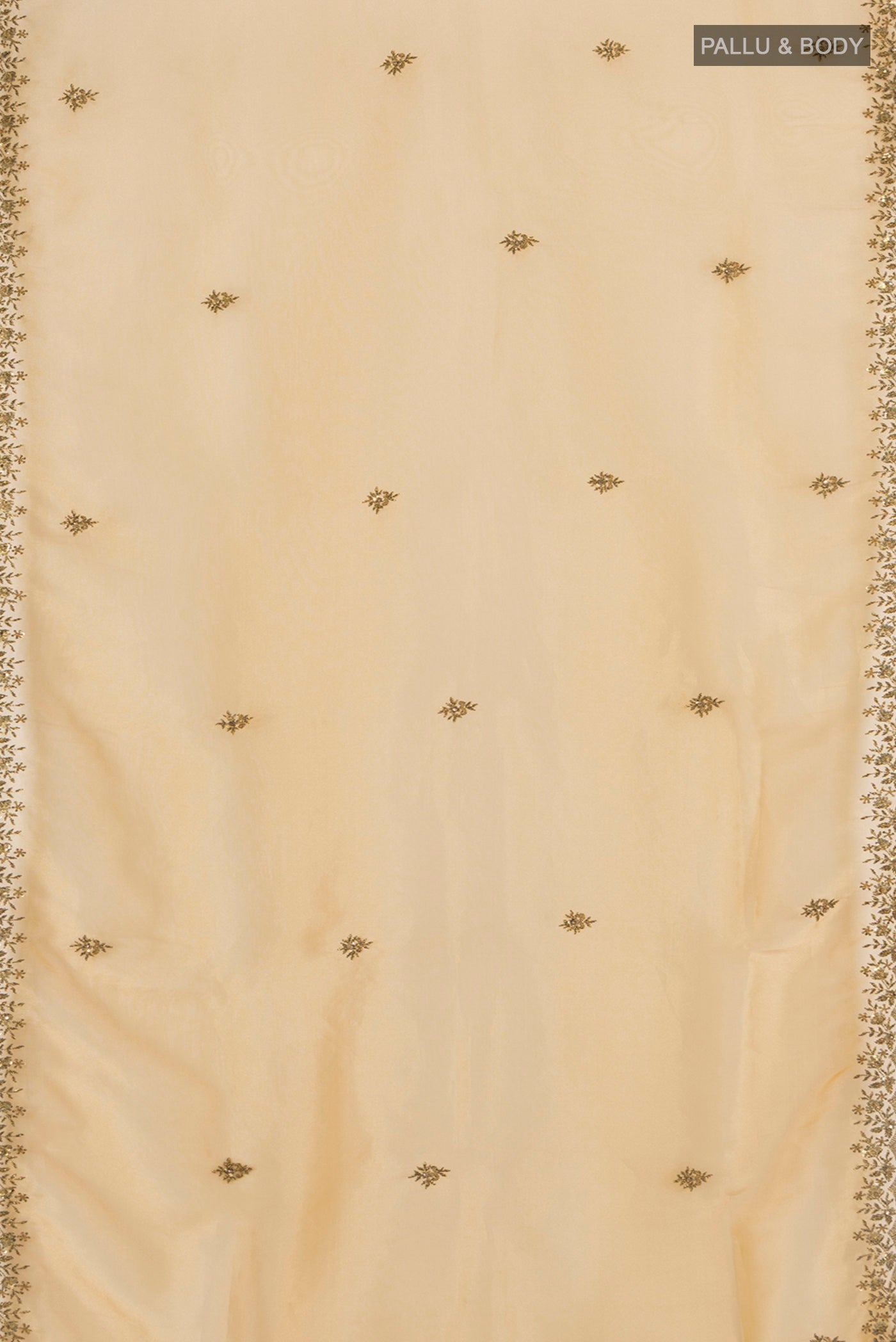 Flat view of Sandal Blended Embroidery Net Saree with Embroidery on the body and Embroidery Border. 