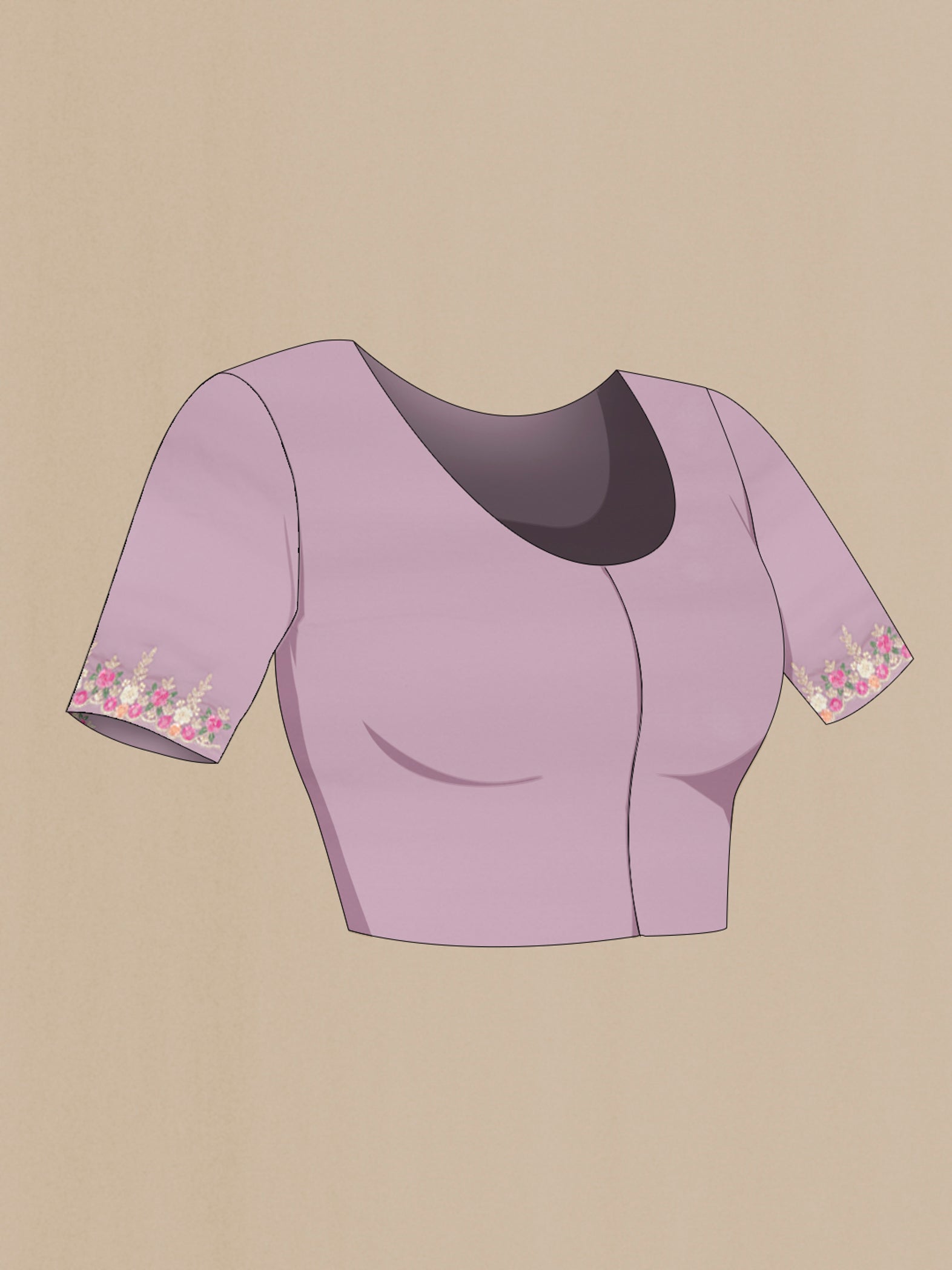 Close up image of the blouse of Lavender Blended Georgette Saree with Embroidery on the body and Embroidery Border. 