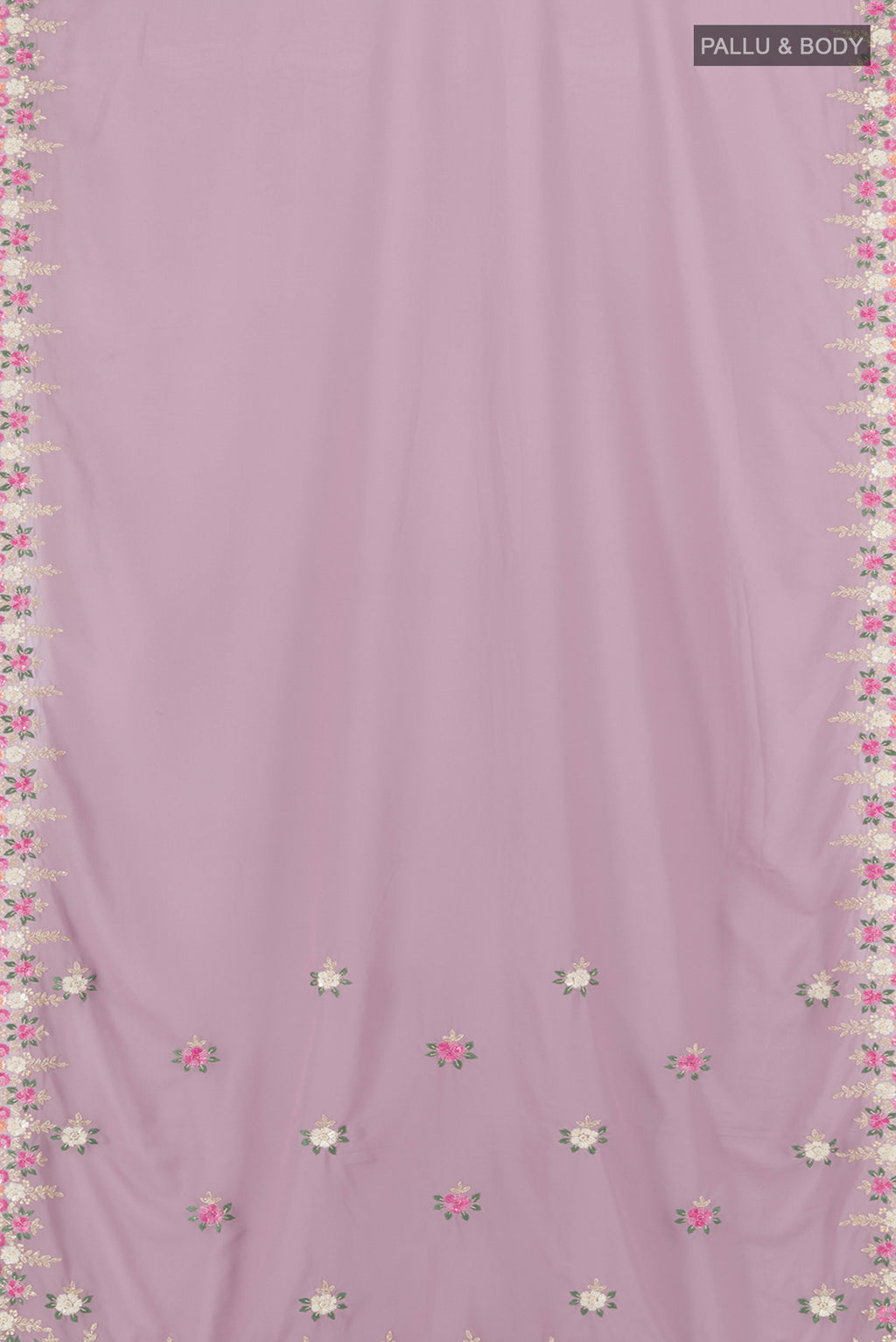Flat view of Lavender Blended Georgette Saree with Embroidery on the body and Embroidery Border. 