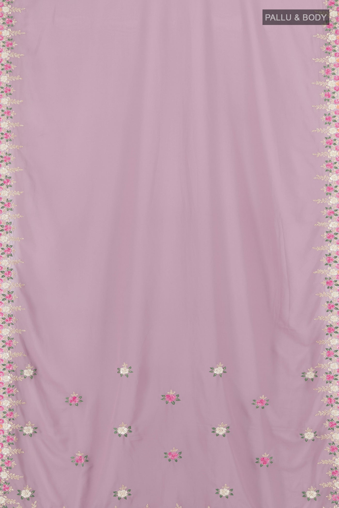 Flat view of Lavender Blended Georgette Saree with Embroidery on the body and Embroidery Border. 