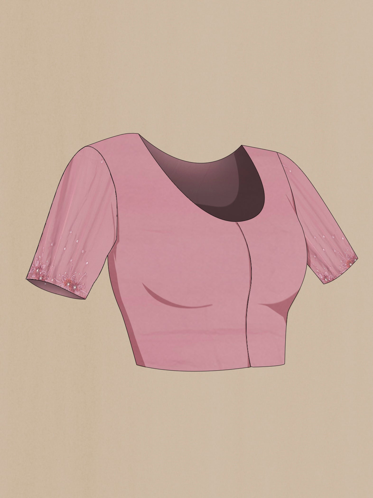 Close up image of the blouse of Mauve Blended Crepe Saree with Embroidery on the body and Embroidery Border. 