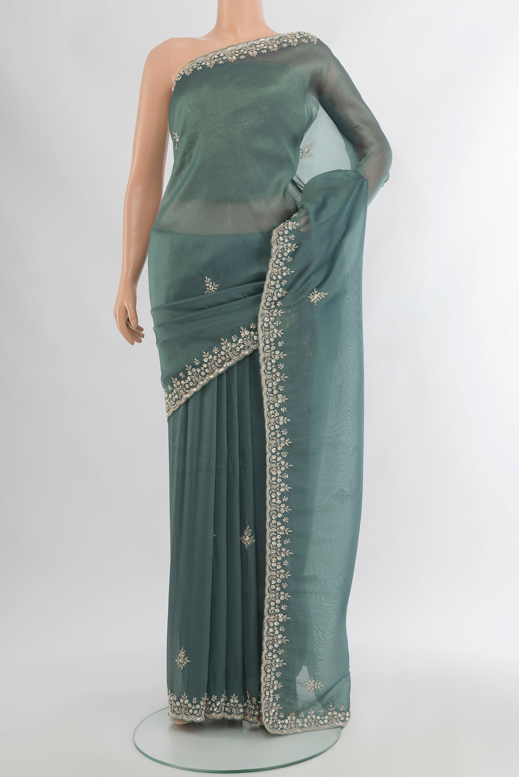 Grey Blended Embroidery Net Saree with Embroidery on the body and Embroidery Border.  displayed on a mannequin