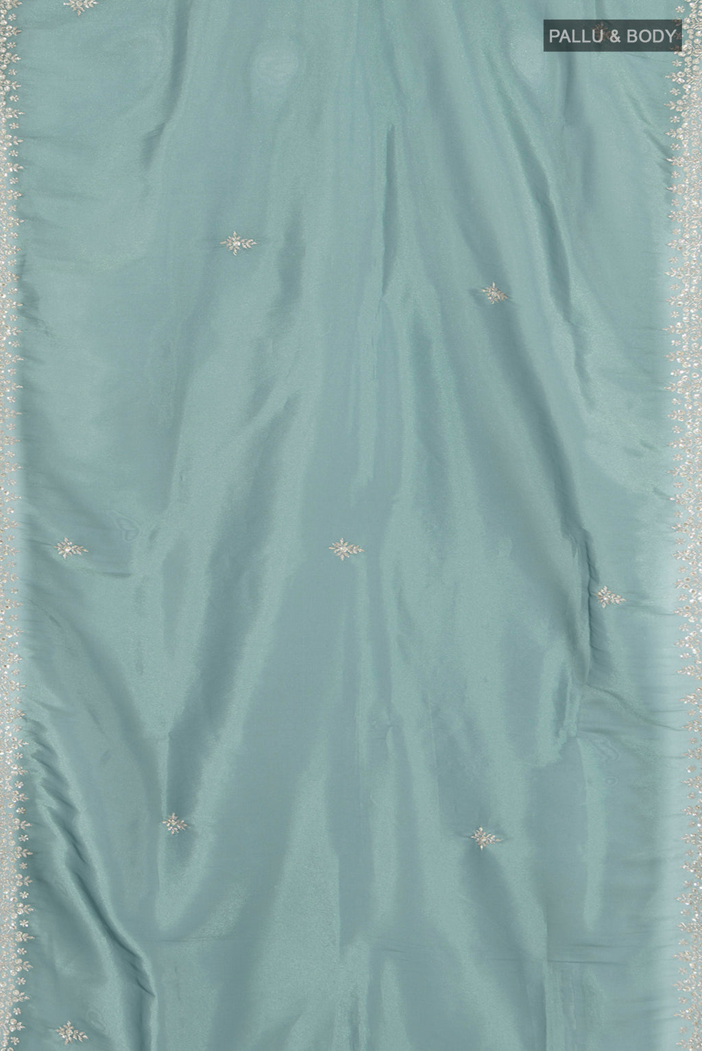 Flat view of Grey Blended Embroidery Net Saree with Embroidery on the body and Embroidery Border. 