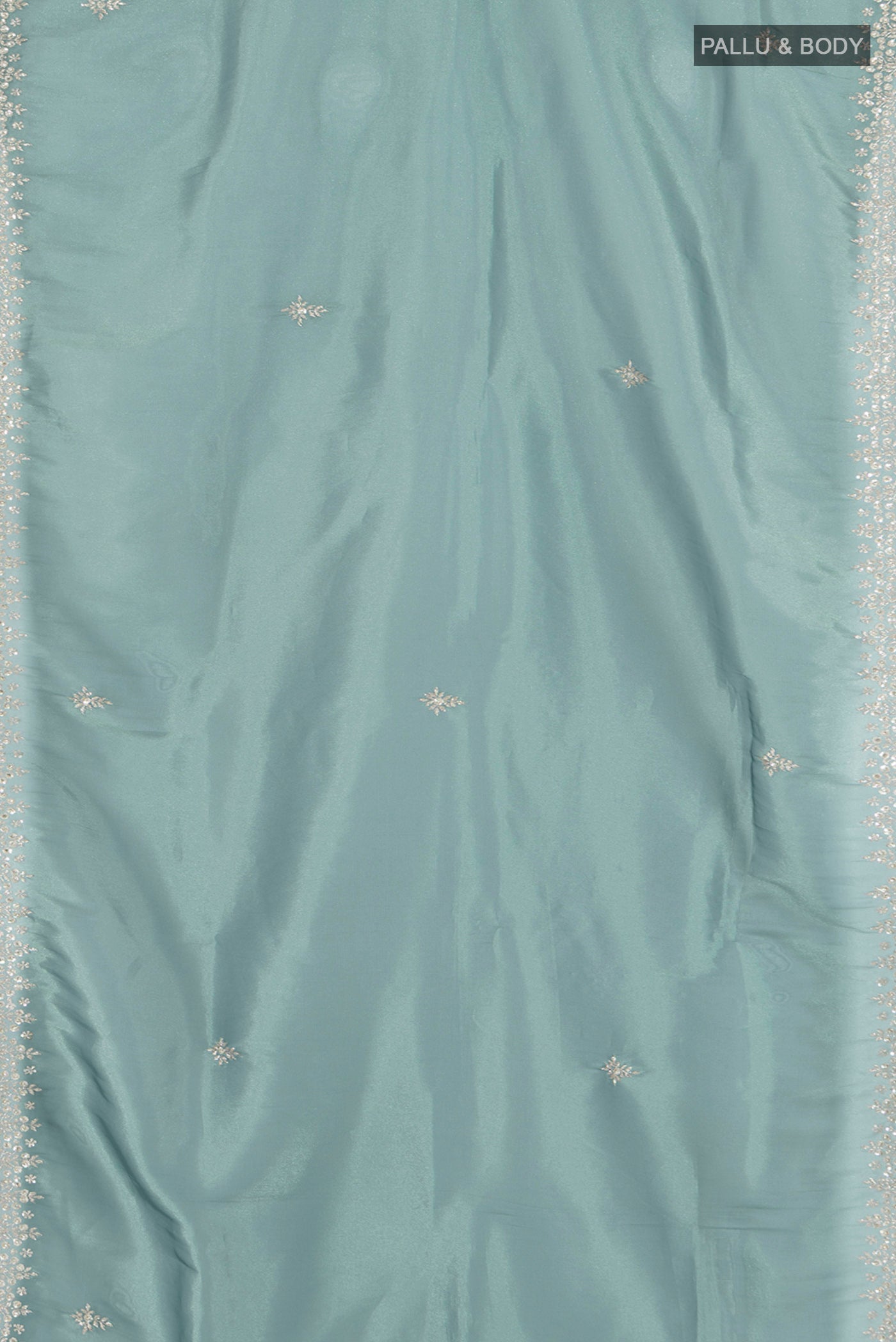 Flat view of Grey Blended Embroidery Net Saree with Embroidery on the body and Embroidery Border. 