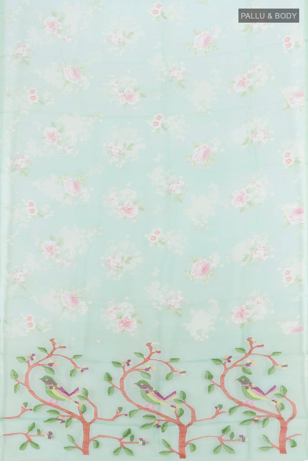 Flat view of Sea Green Organza Silk Saree with Floral Print on the body and Without Border. 