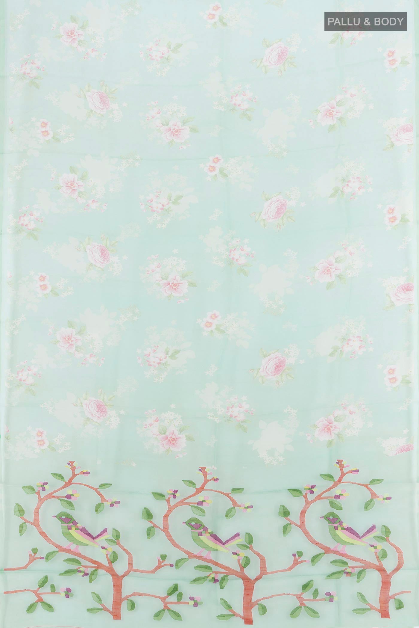 Flat view of Sea Green Organza Silk Saree with Floral Print on the body and Without Border. 