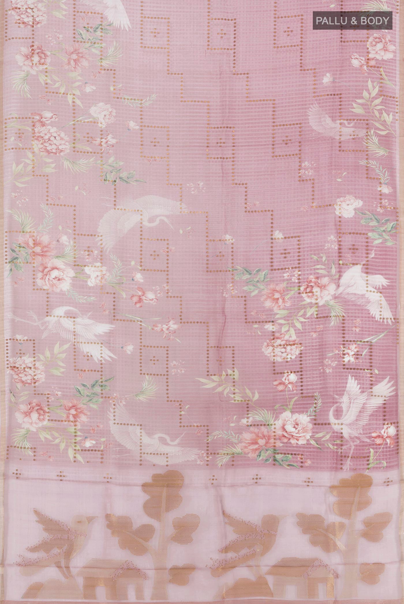 Flat view of Mauve Organza Silk Saree with Floral Print on the body and Zari Border. 