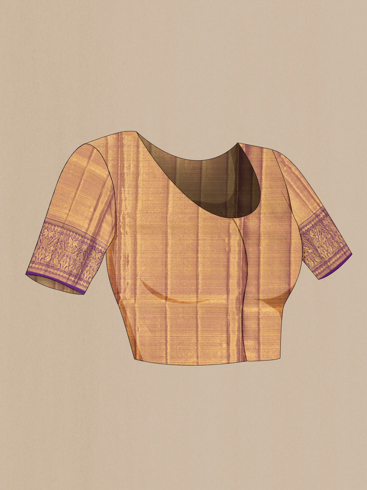 Close up image of the blouse of Pure Silk Pure Zari Golden Kanjivaram Saree with Zari Butta on the body and Silk Border. 
