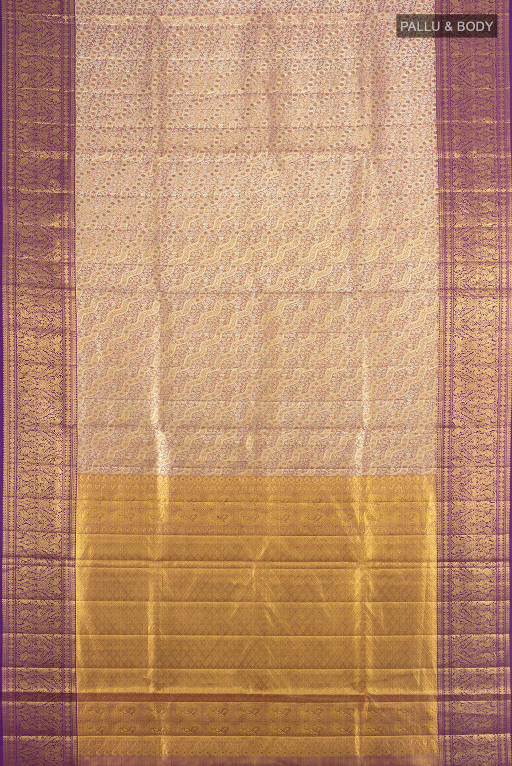 Flat view of Pure Silk Pure Zari Golden Kanjivaram Saree with Zari Butta on the body and Silk Border. 