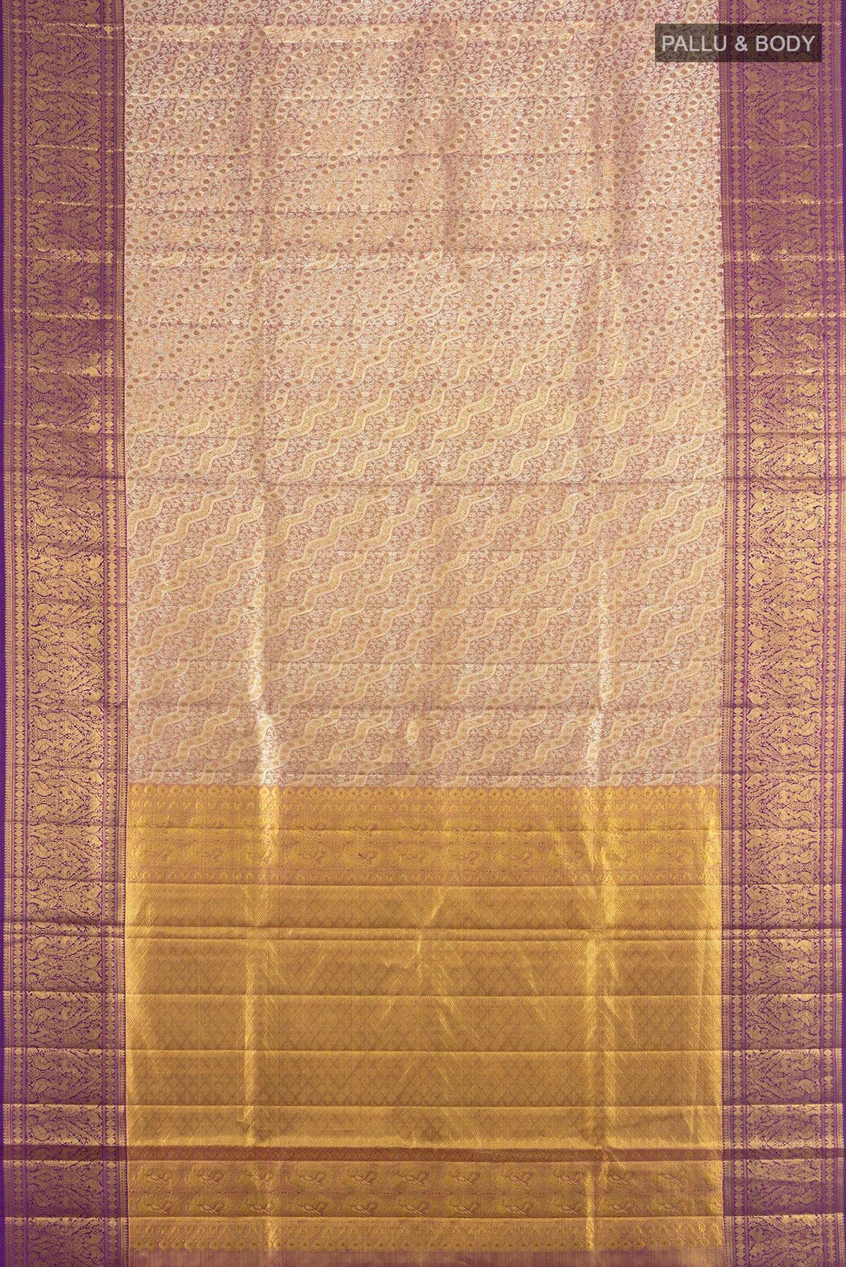 Flat view of Pure Silk Pure Zari Golden Kanjivaram Saree with Zari Butta on the body and Silk Border. 