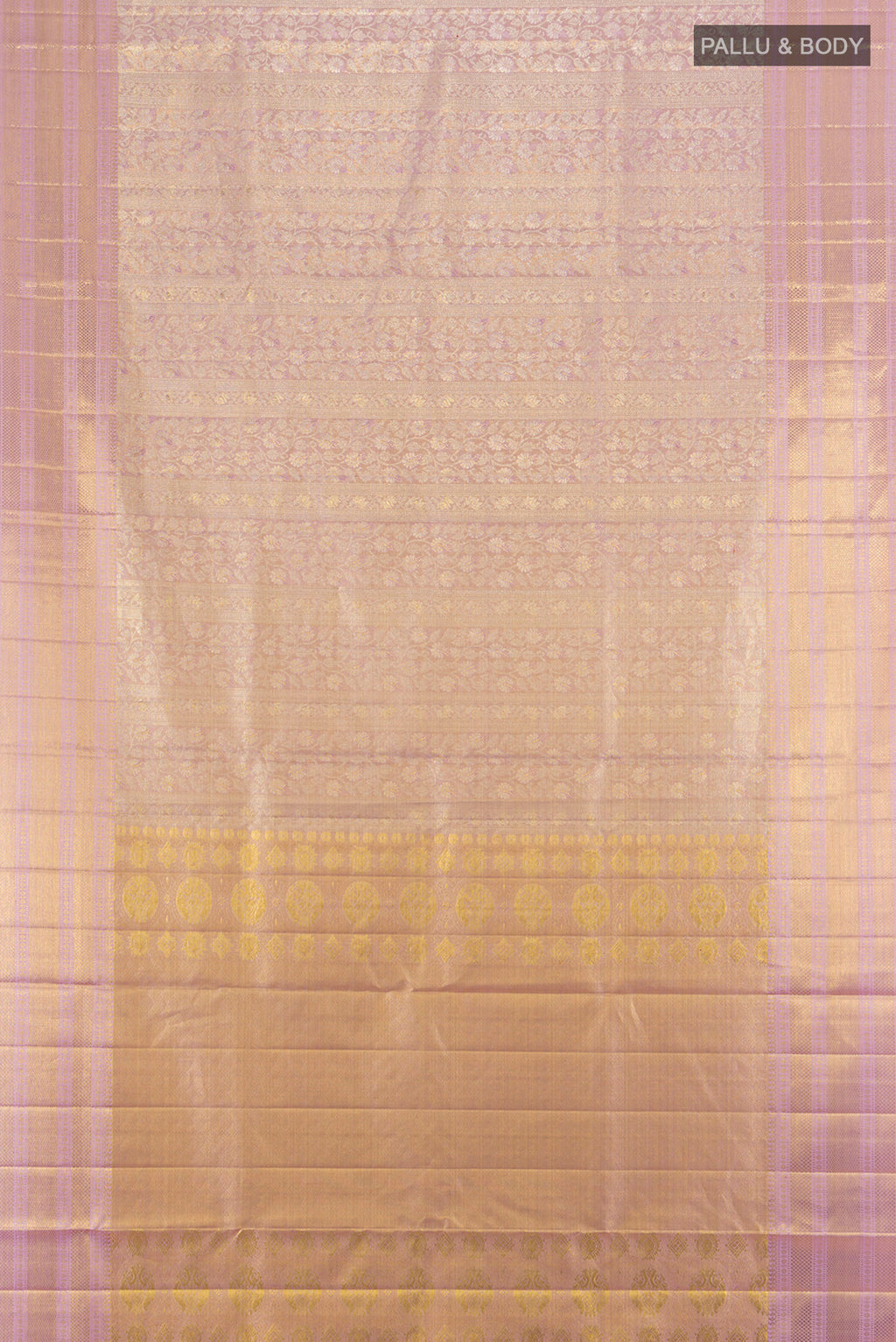 Flat view of Lavender Kanjivaram Tissue Silk Saree with Zari Brocade on the body and Zari Border. 