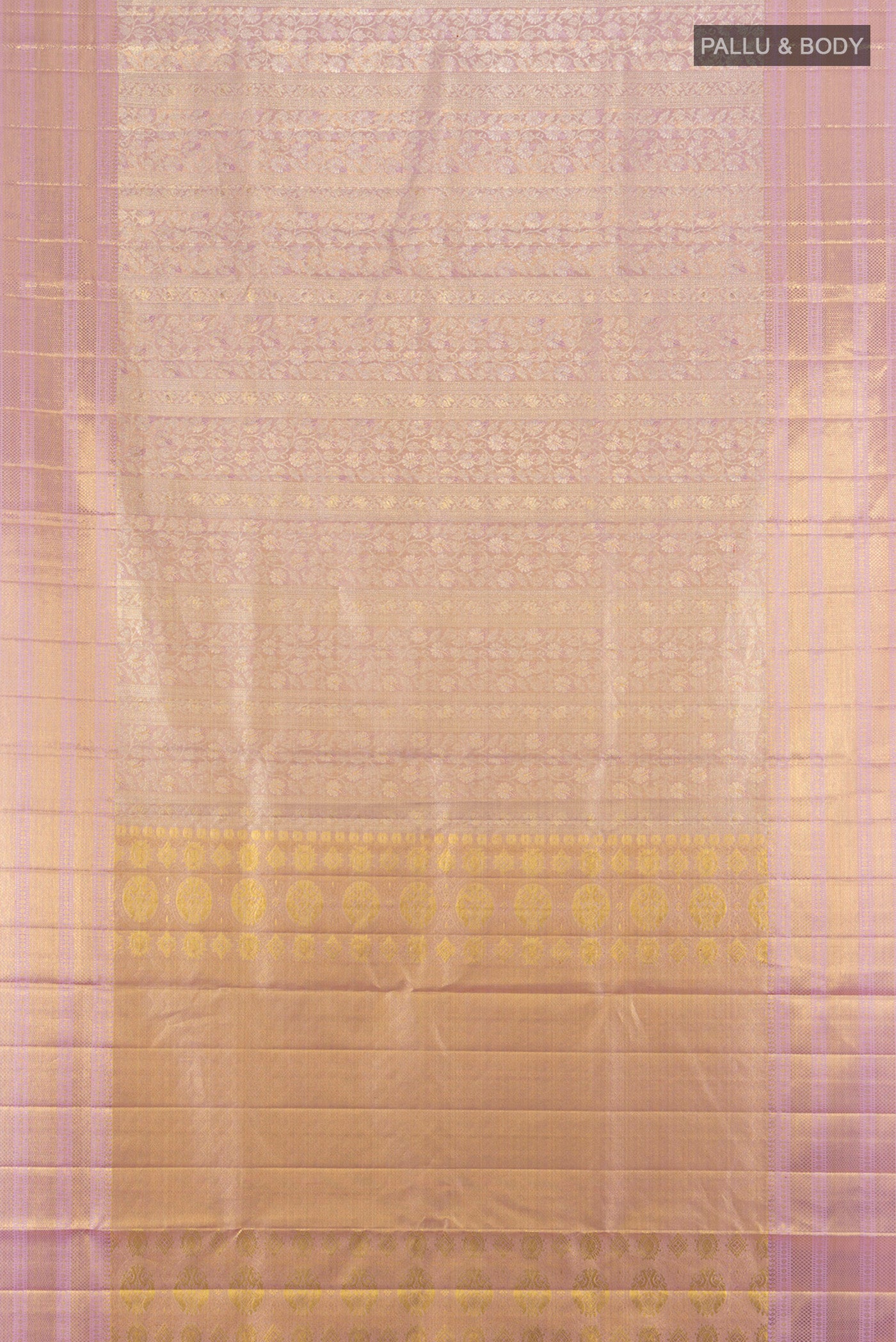 Flat view of Lavender Kanjivaram Tissue Silk Saree with Zari Brocade on the body and Zari Border. 