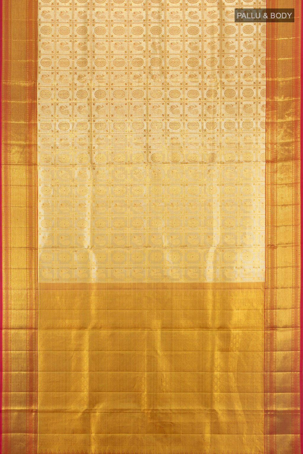 Flat view of Golden Kanjivaram Tissue Saree with Zari Brocade on the body and Zari Border. 