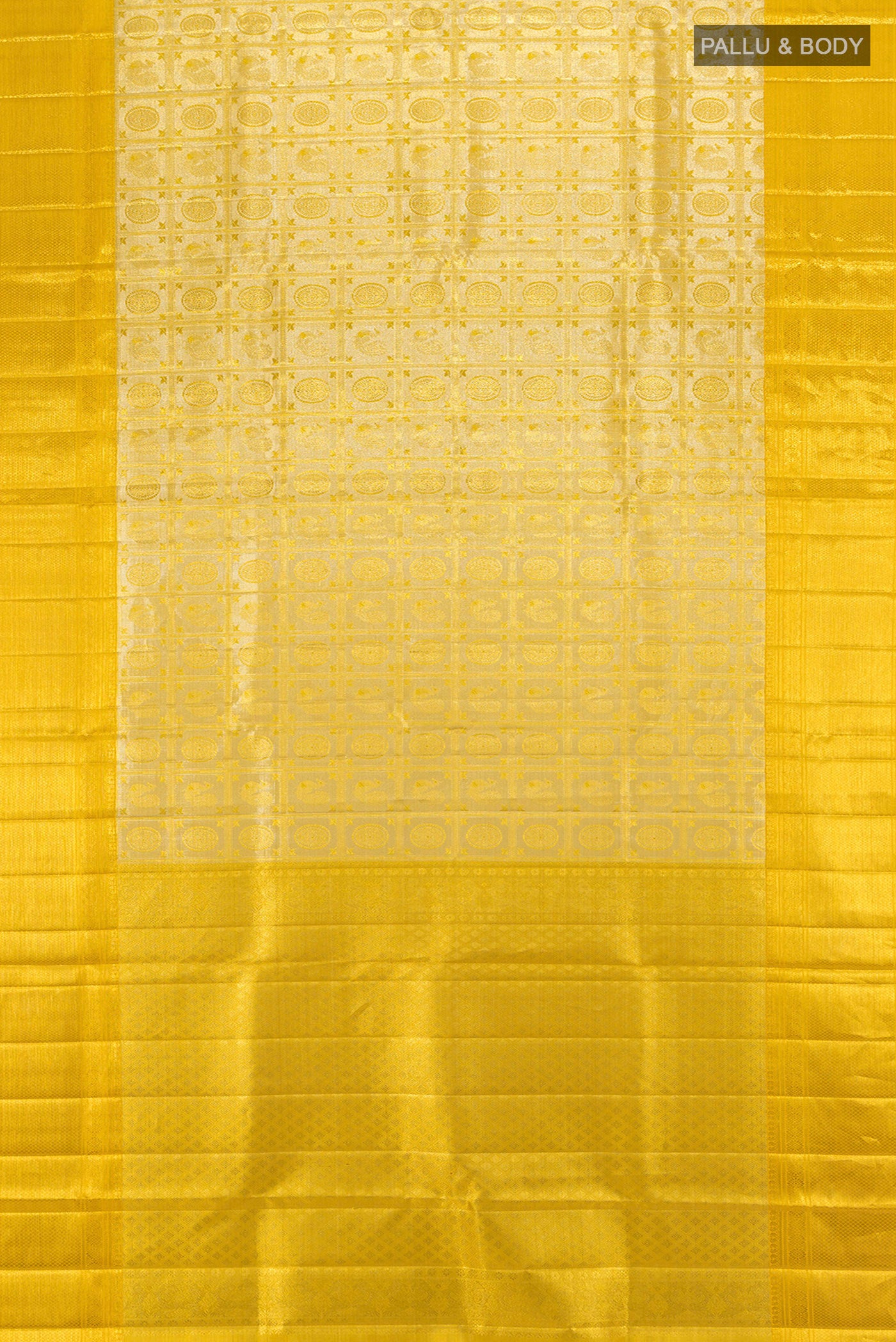 Flat view of Golden Kanjivaram Tissue Silk Saree with Zari Brocade on the body and Zari Border. 