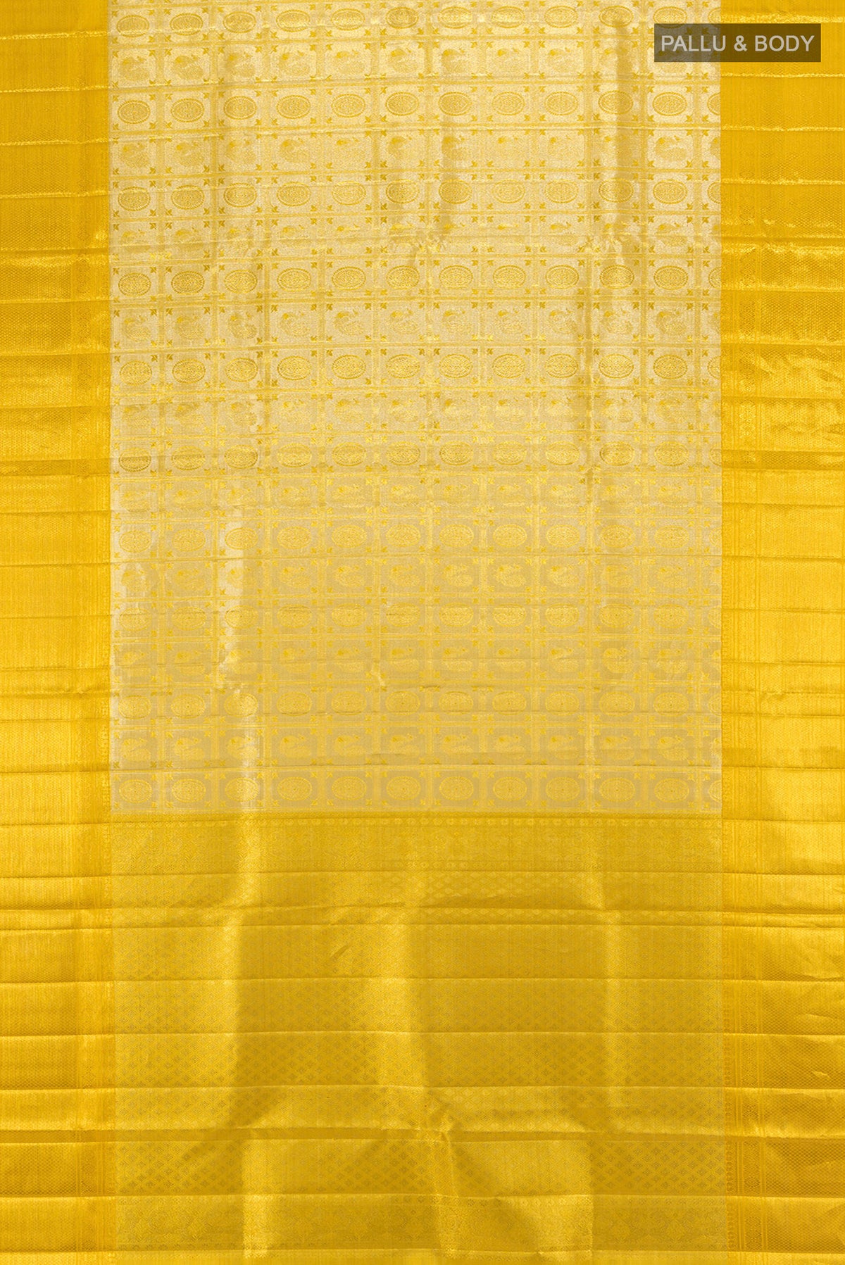 Flat view of Golden Kanjivaram Tissue Silk Saree with Zari Brocade on the body and Zari Border. 