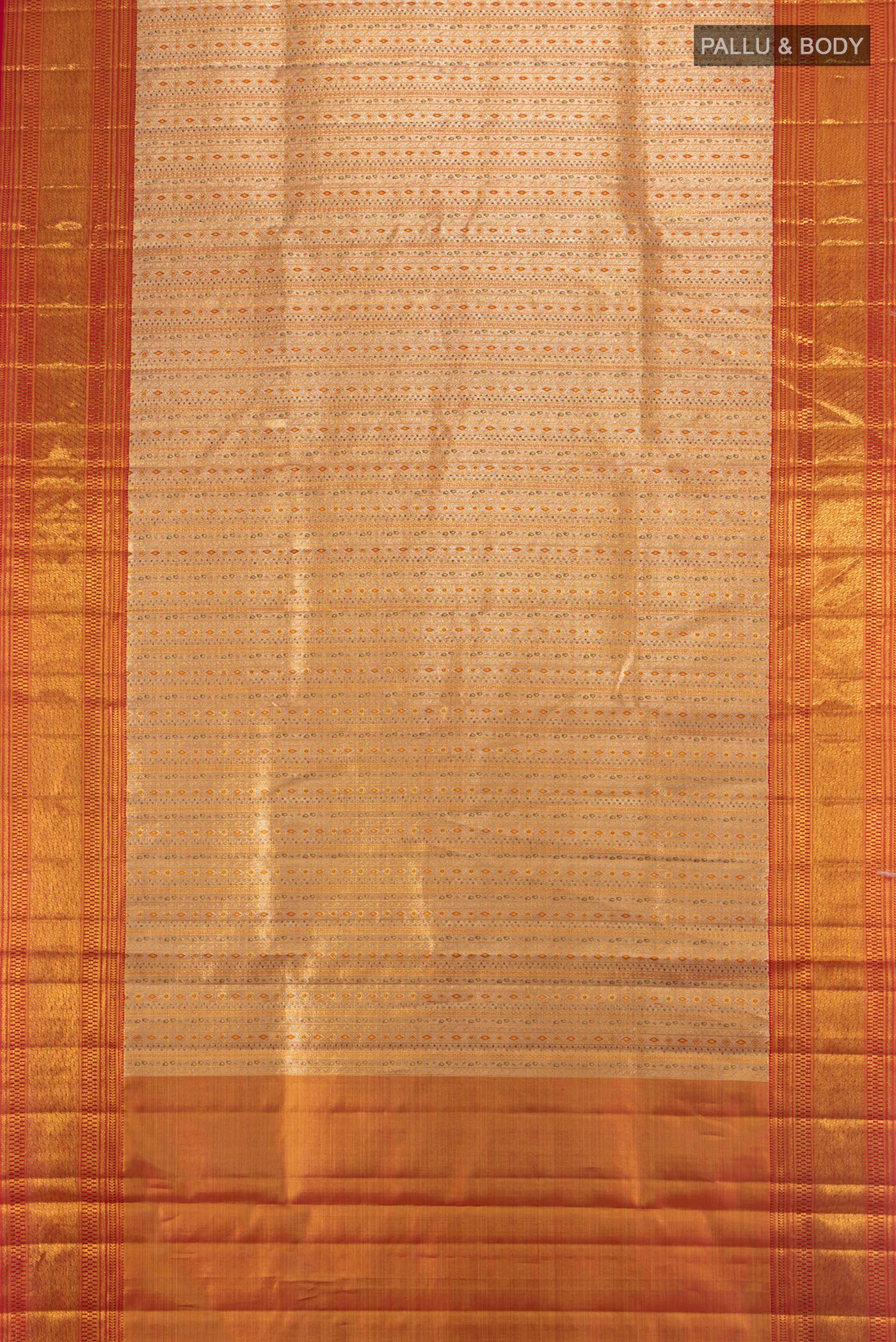 Flat view of Golden Kanjivaram Tissue Silk Saree with Zari Brocade on the body and Zari Border. 