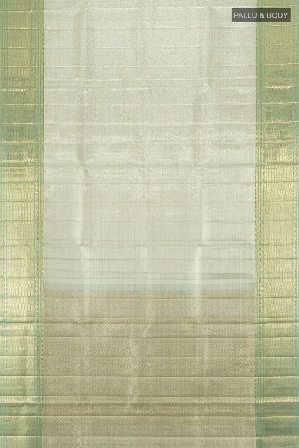 Flat view of Silver Kanjivaram Tissue Silk Saree with Zari Brocade on the body and Zari Border. 