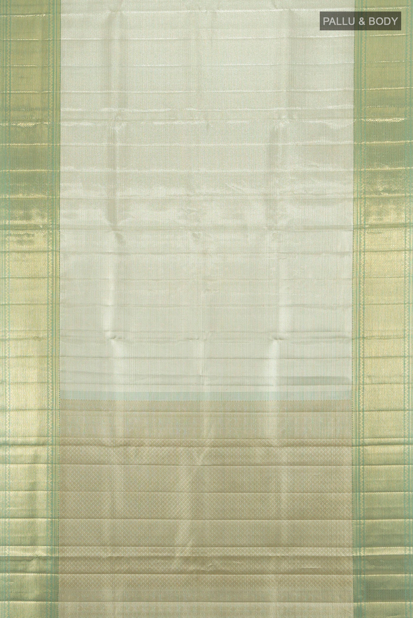Flat view of Silver Kanjivaram Tissue Silk Saree with Zari Brocade on the body and Zari Border. 