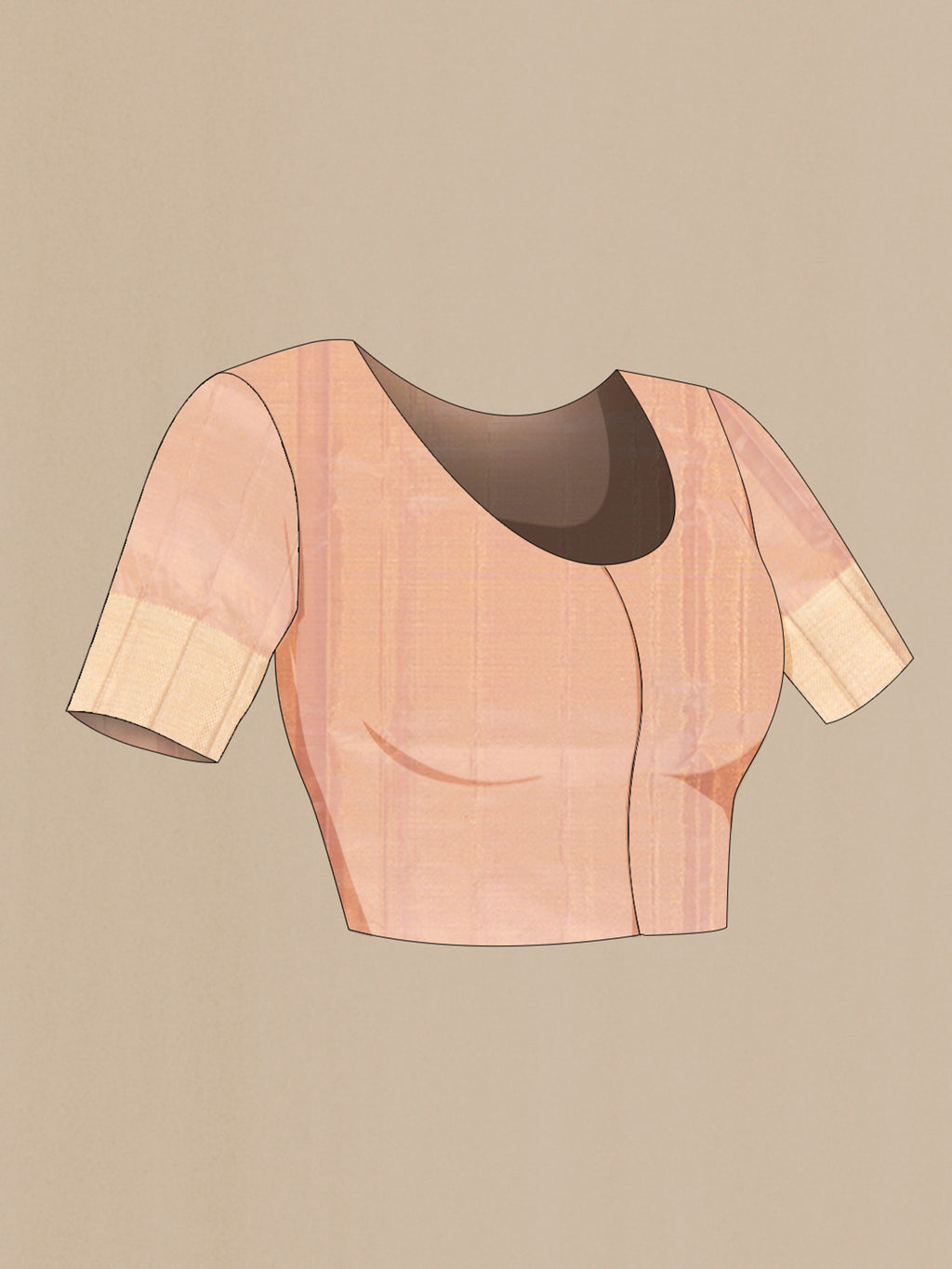 Close up image of the blouse of Peach Kanjivaram Silk Saree with Zari Brocade on the body and Zari Border. 