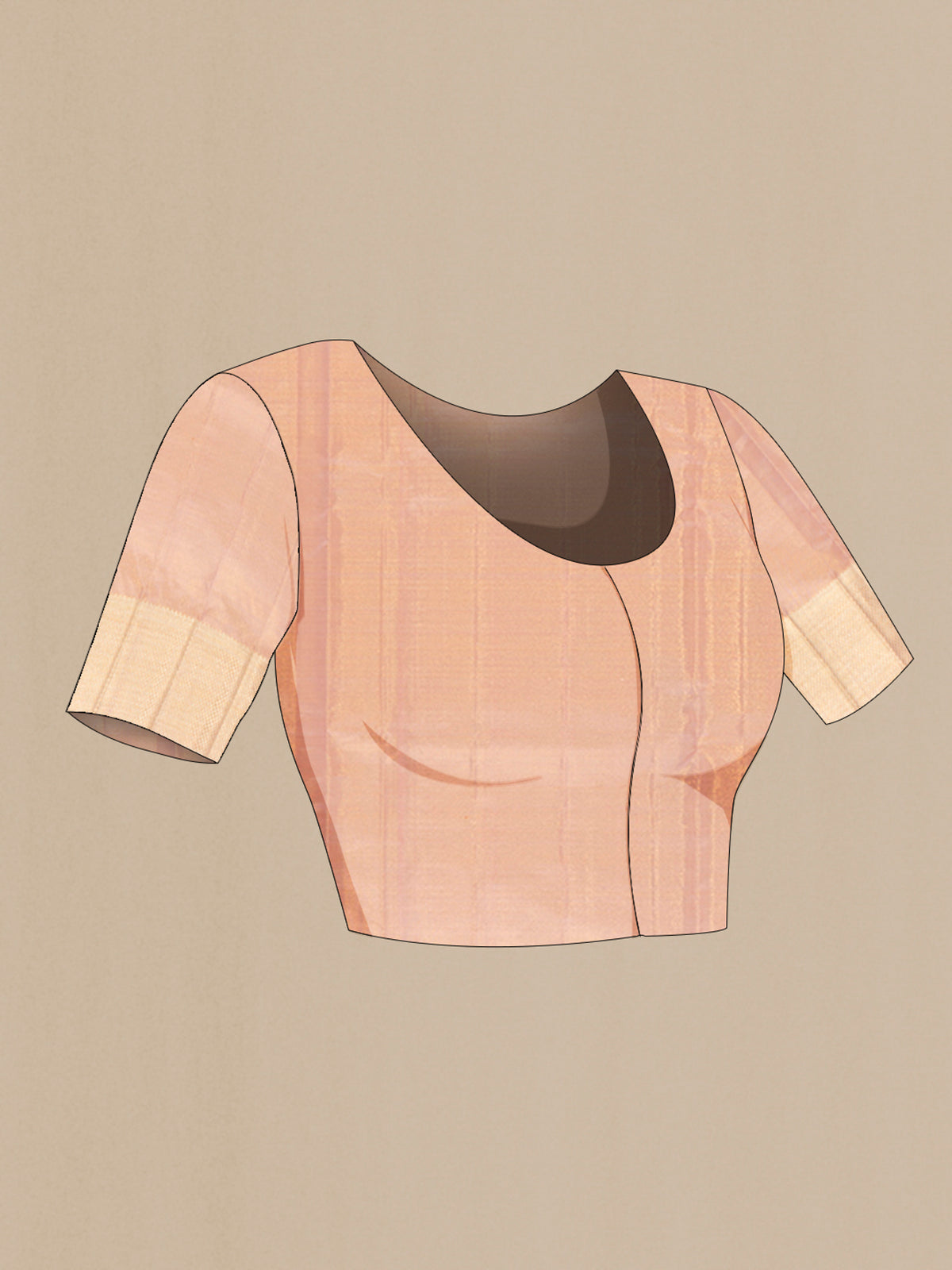 Close up image of the blouse of Peach Kanjivaram Silk Saree with Zari Brocade on the body and Zari Border. 