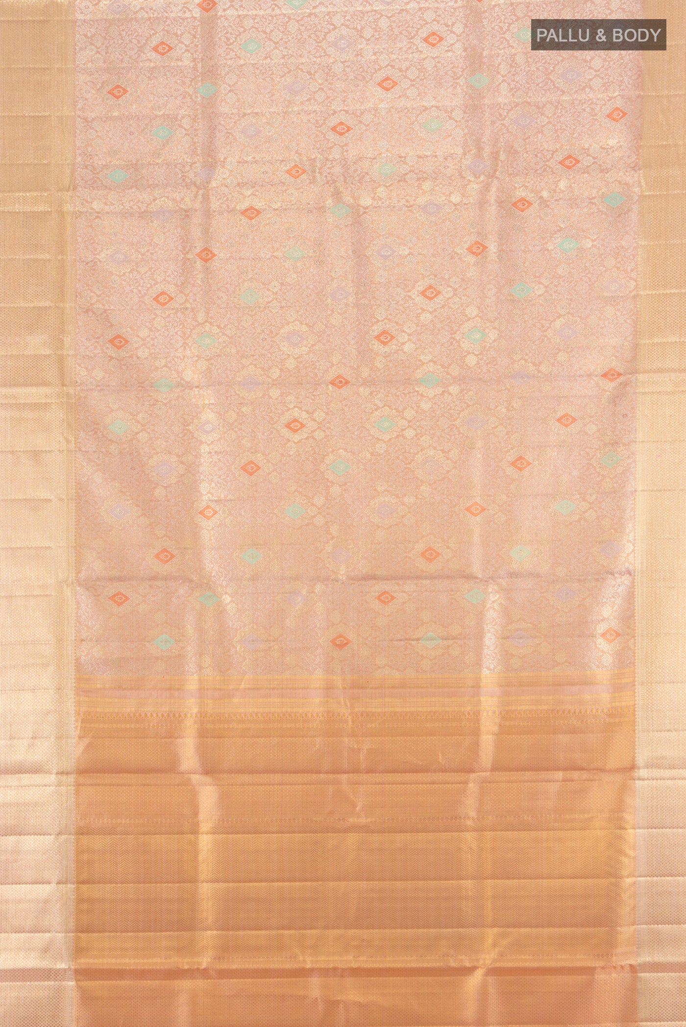 Flat view of Peach Kanjivaram Silk Saree with Zari Brocade on the body and Zari Border. 