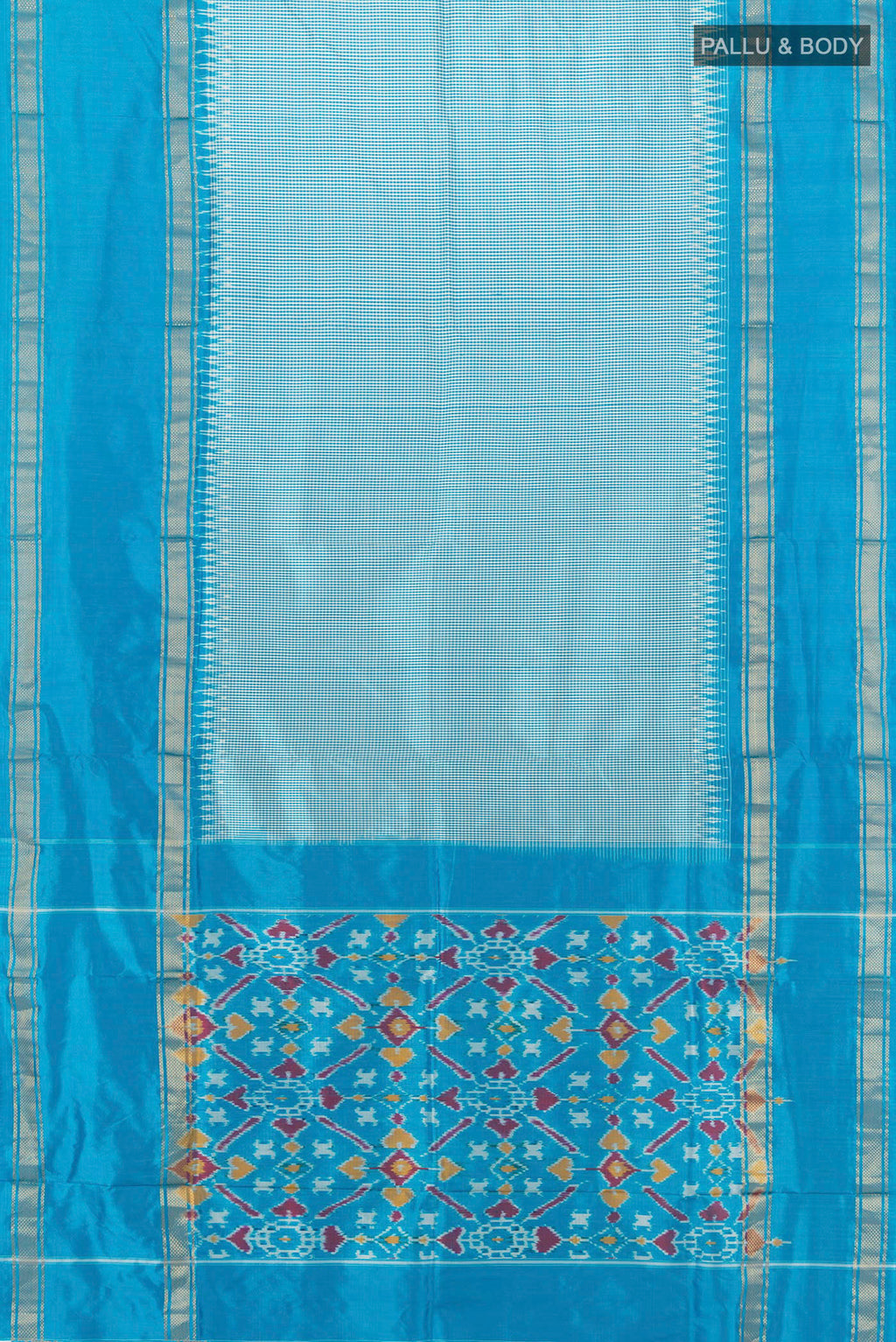 Flat view of Pure Silk Sky Blue Pochampally Saree with Checked design on the body and Zari Border. 