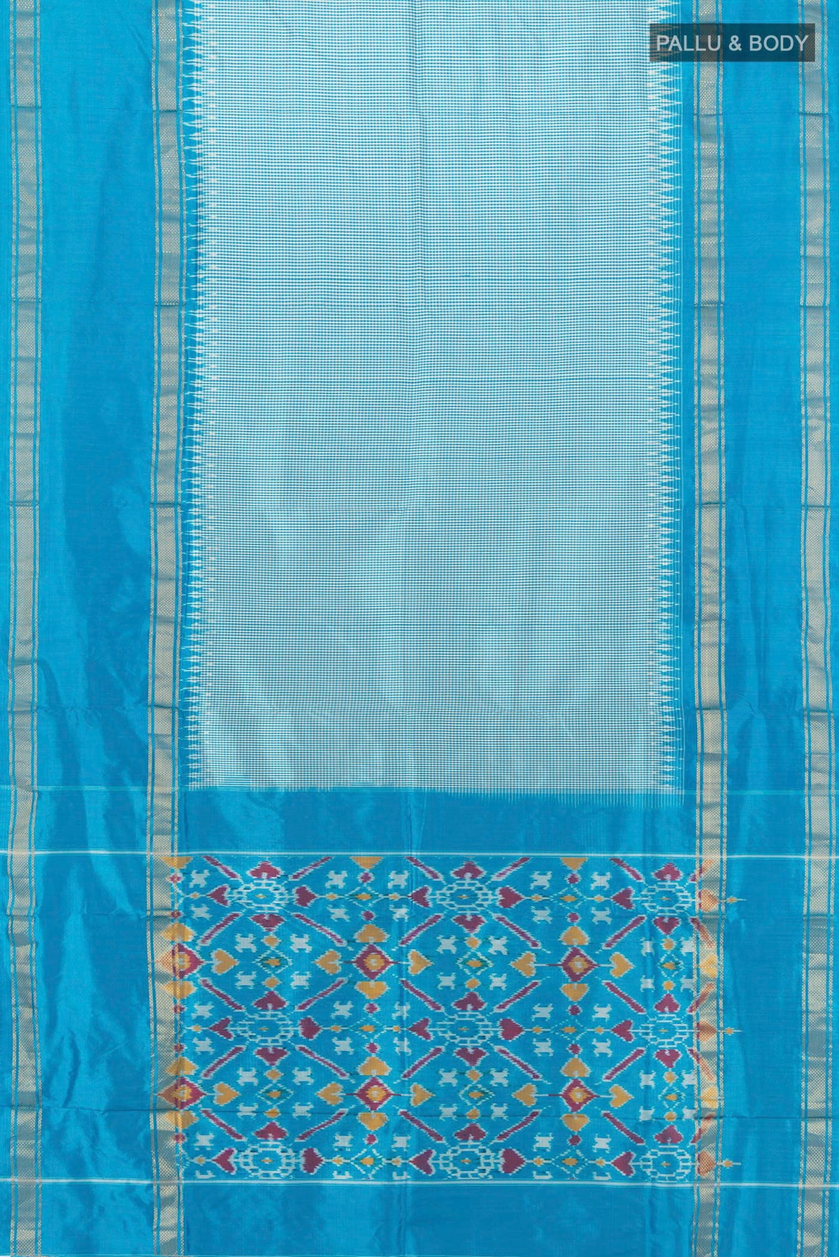 Flat view of Pure Silk Sky Blue Pochampally Saree with Checked design on the body and Zari Border. 