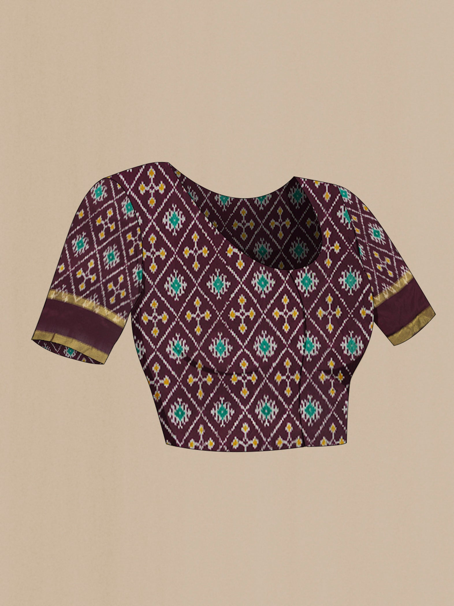 Close up image of the blouse of Coffee Brown Pochampally Silk Nine Yards Saree with Pure Ikat on the body and Zari Border. 