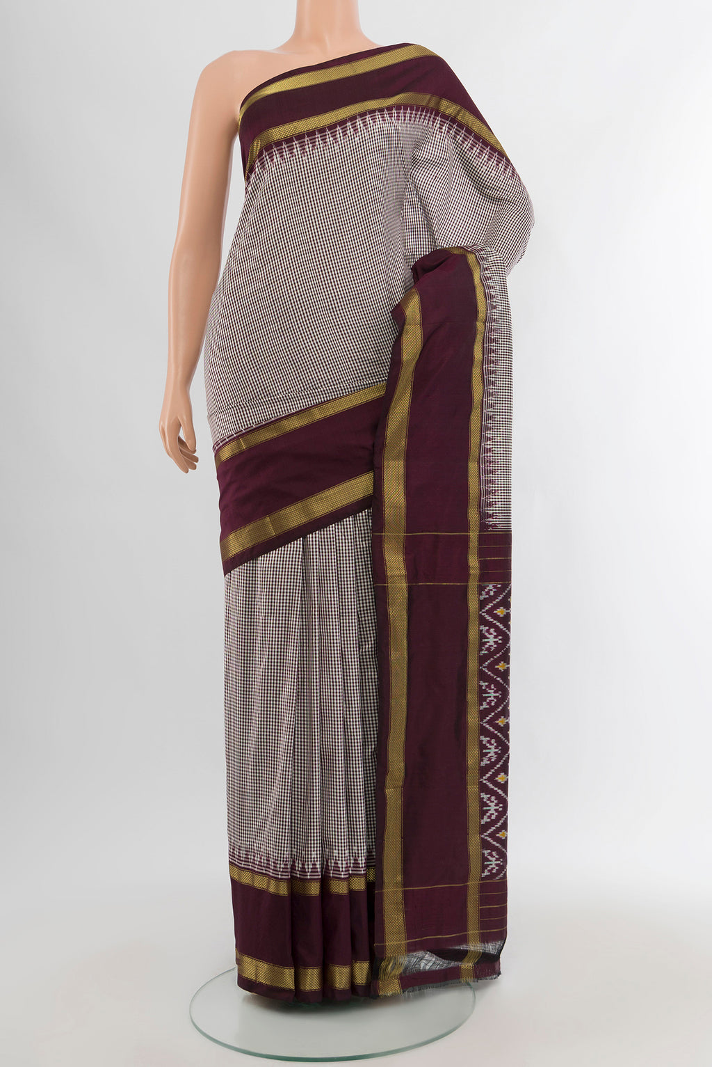 Coffee Brown Pochampally Silk Nine Yards Saree with Pure Ikat on the body and Zari Border.  displayed on a mannequin