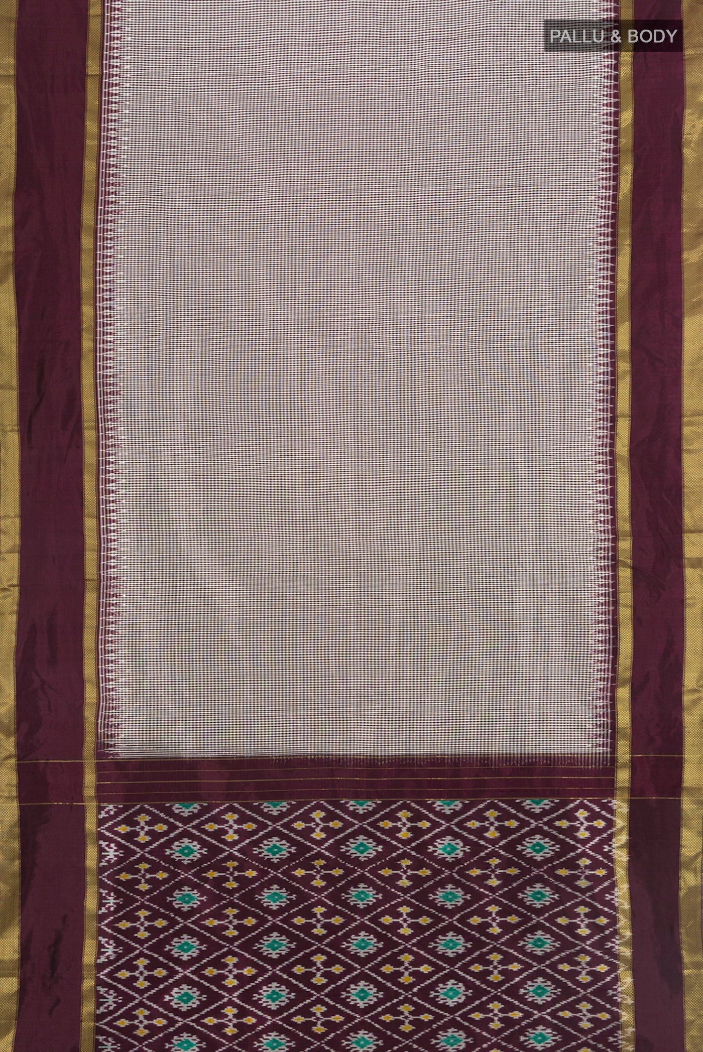 Flat view of Coffee Brown Pochampally Silk Nine Yards Saree with Pure Ikat on the body and Zari Border. 