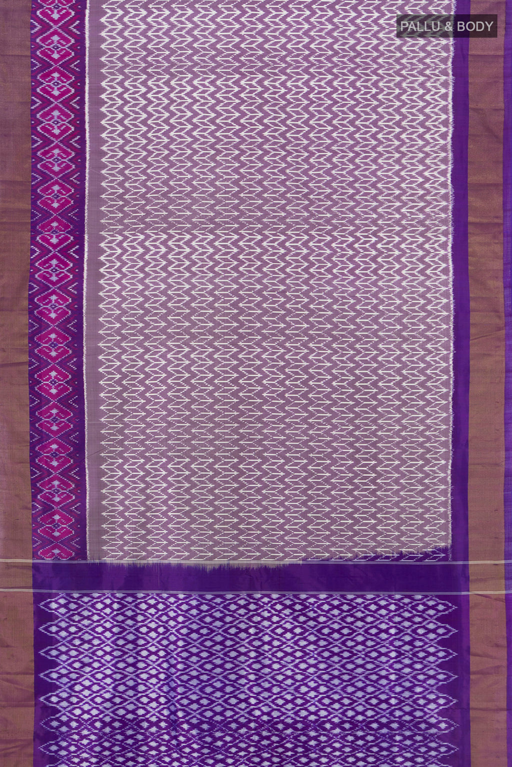 Flat view of Purple Pochampally Silk Saree with Pure Ikat on the body and Zari Border. 