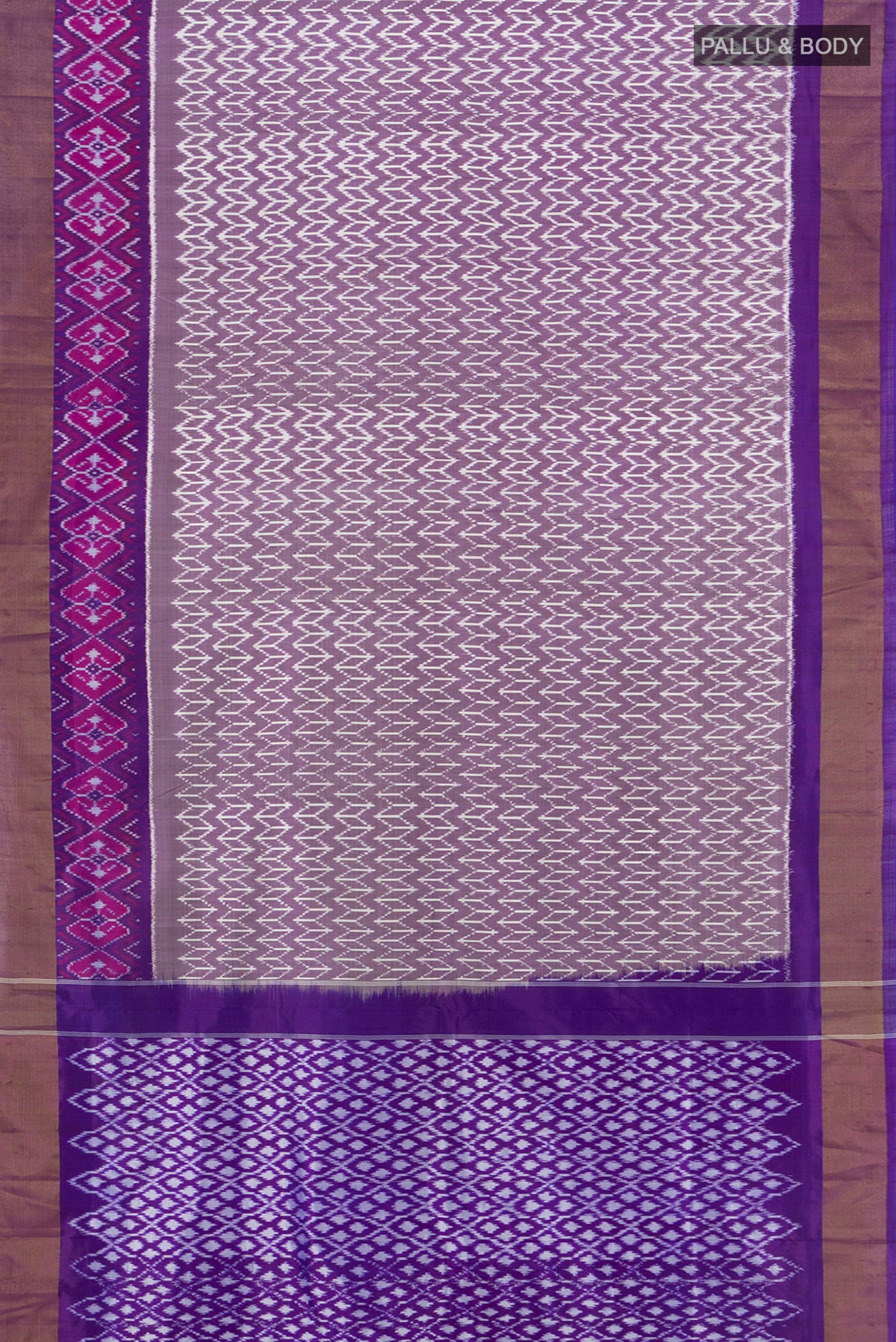 Flat view of Purple Pochampally Silk Saree with Pure Ikat on the body and Zari Border. 