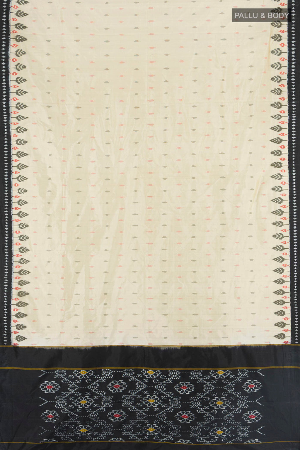 Flat view of Pure Silk Cream Pochampally Saree with Pure Ikat on the body and Ikat Border. 