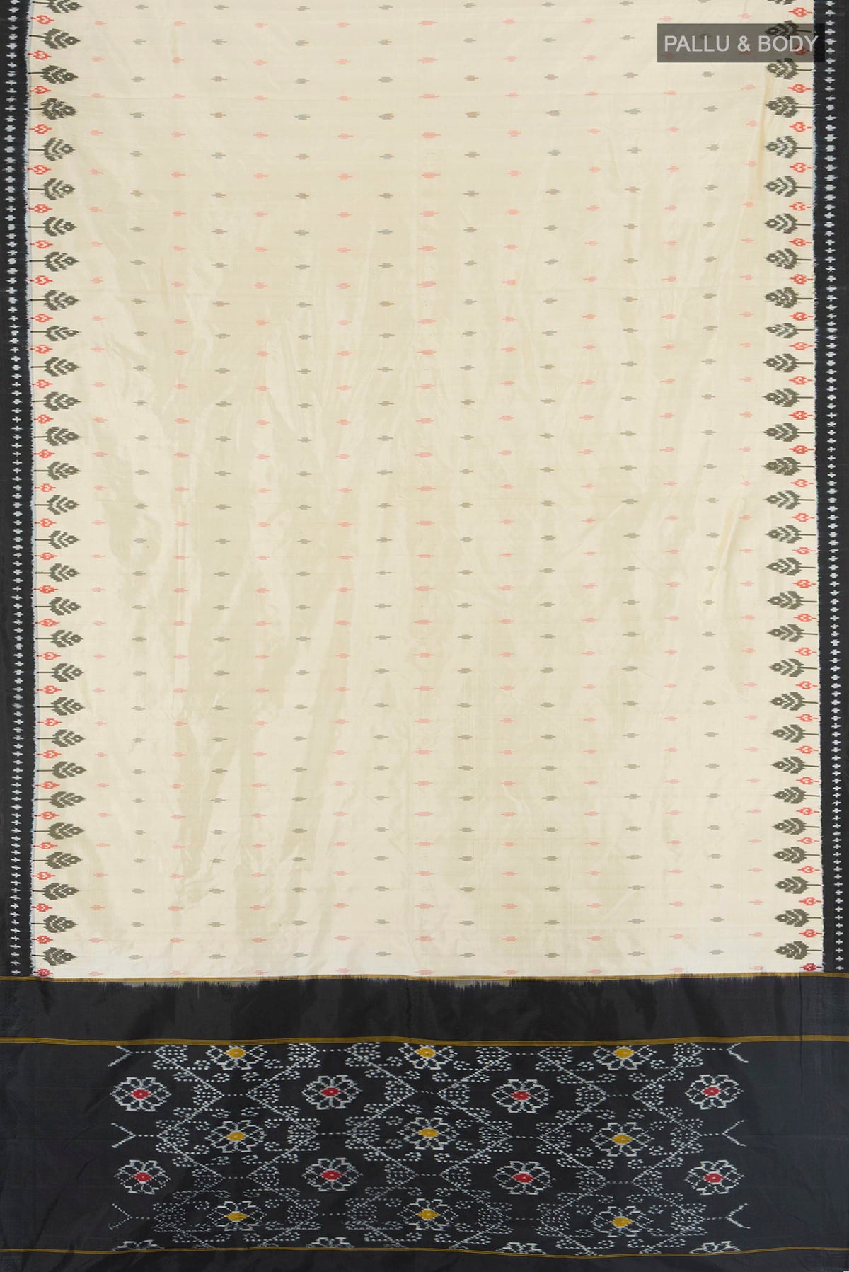 Flat view of Pure Silk Cream Pochampally Saree with Pure Ikat on the body and Ikat Border. 