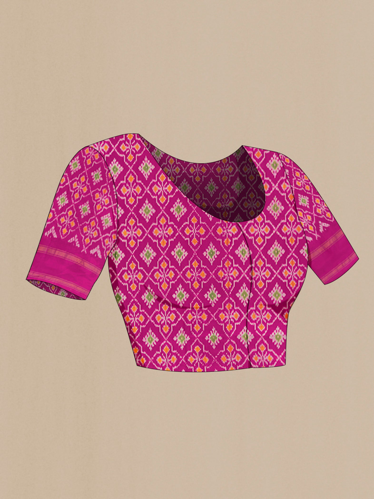 Close up image of the blouse of Bottle Green Pochampally Silk Saree with Plain Body and Ganga Jamuna Border. 