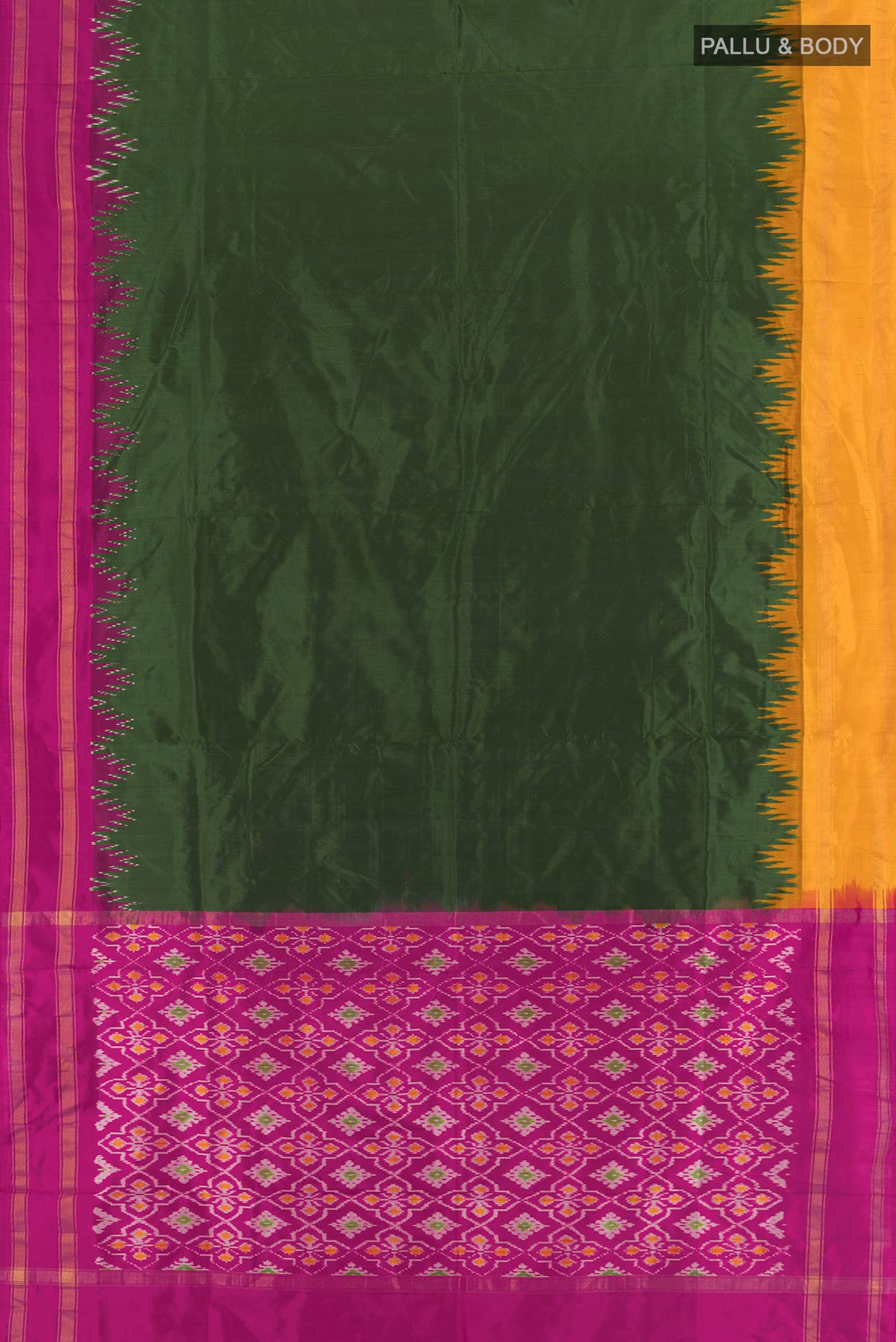 Flat view of Bottle Green Pochampally Silk Saree with Plain Body and Ganga Jamuna Border. 