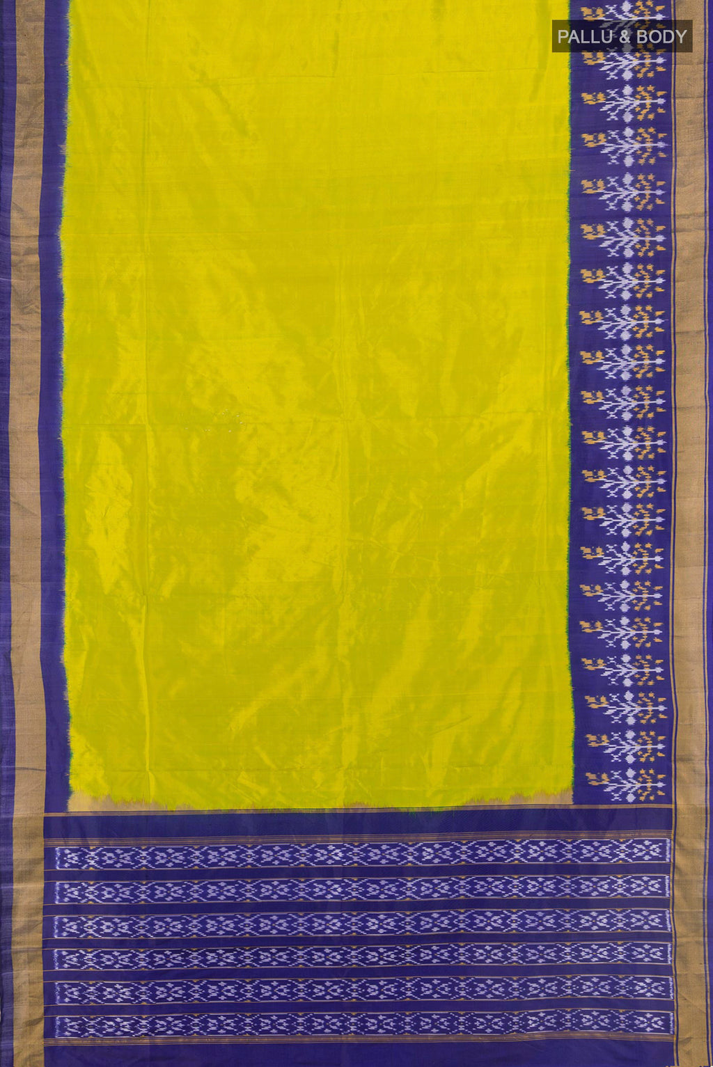 Flat view of Parrot Green Pochampally Silk Saree with Plain Body and Ikat Border. 