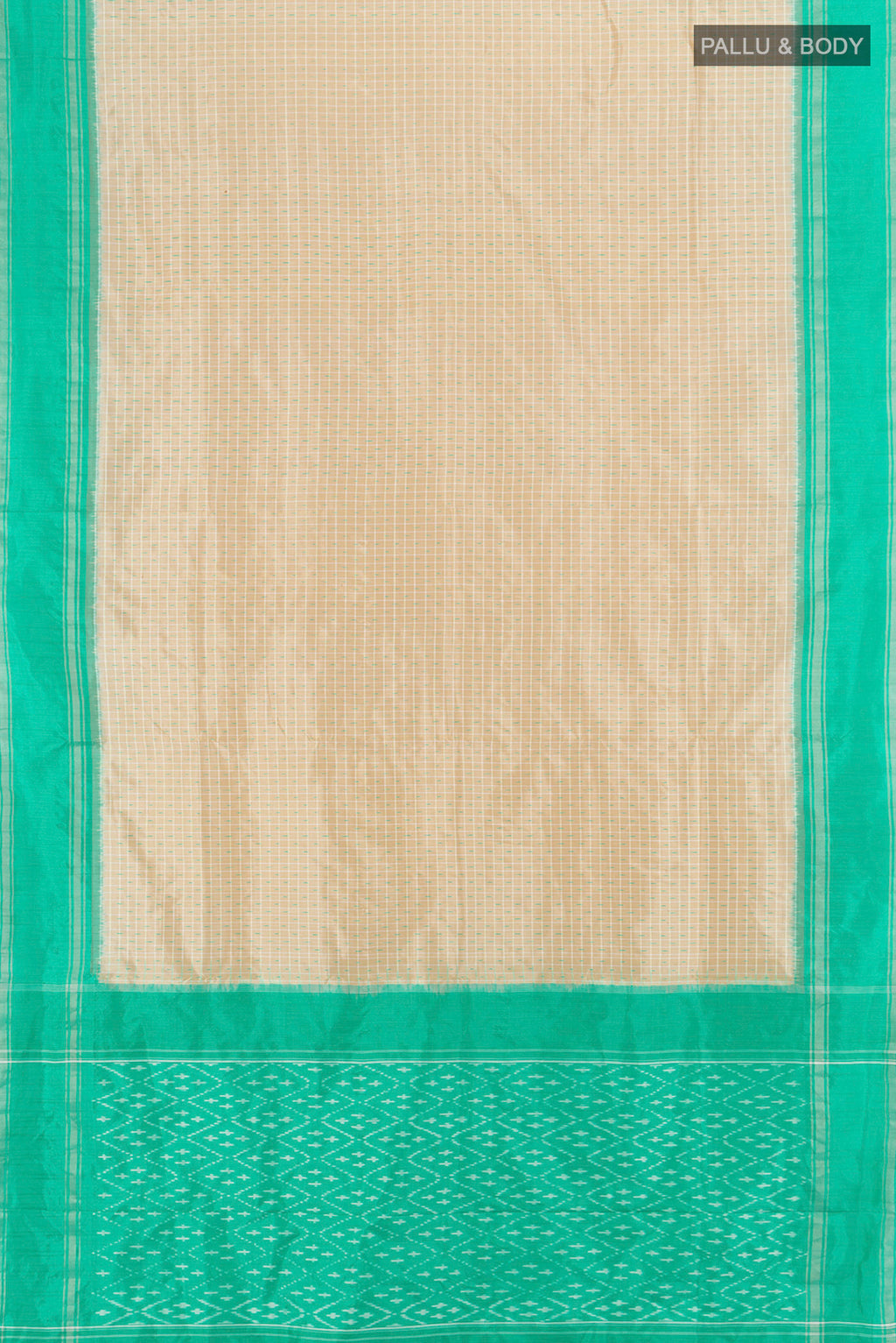 Flat view of Cream Pochampally Silk Saree with Ikat design on the body and Plain Border. 