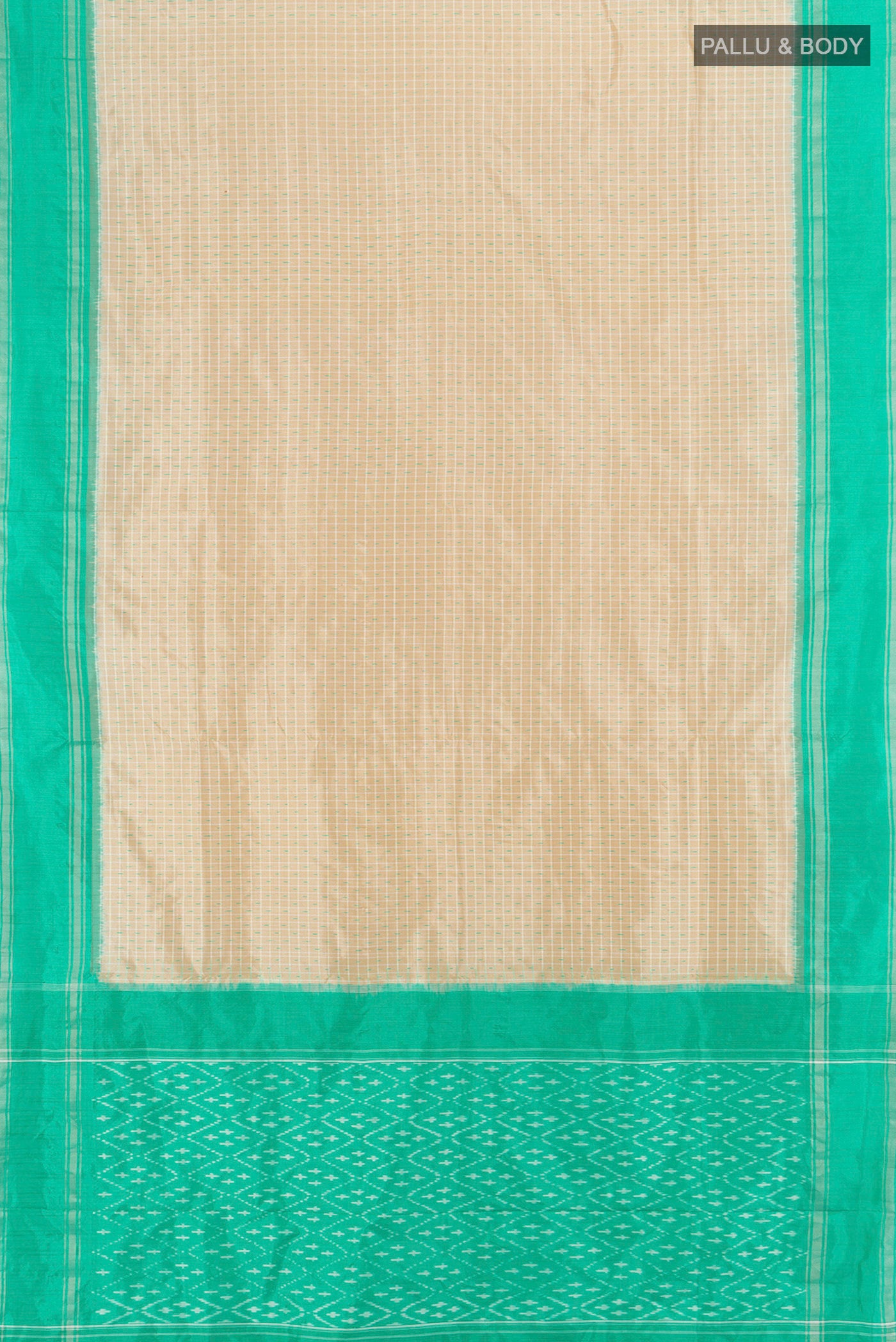 Flat view of Cream Pochampally Silk Saree with Ikat design on the body and Plain Border. 