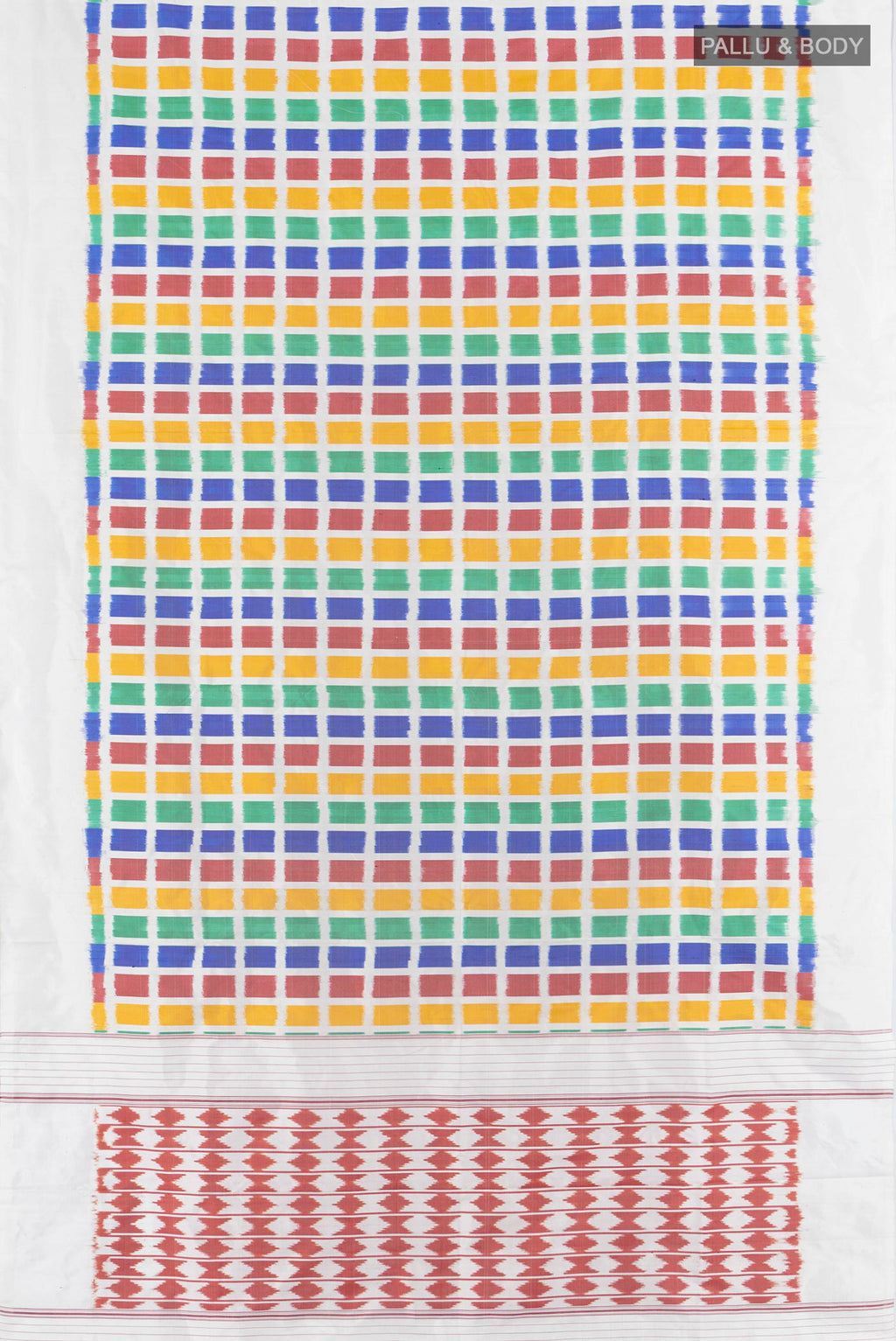 Flat view of Multi Color Pochampally Silk Saree with Pure Ikat on the body and Plain Border. 