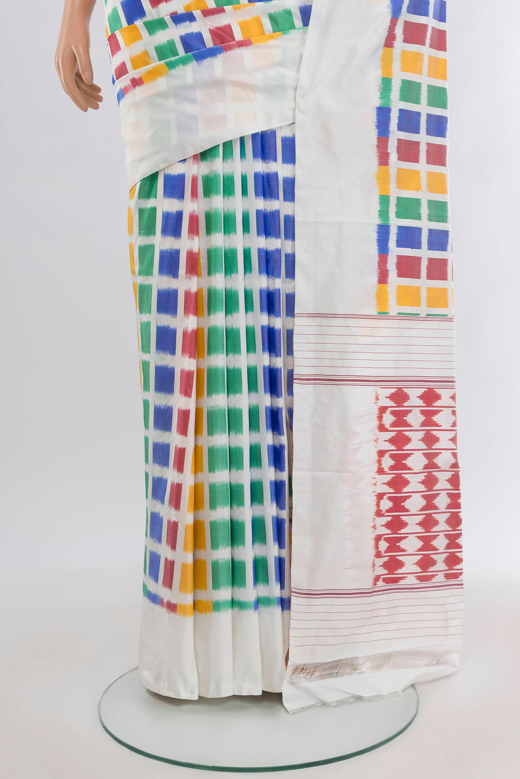 Pleats and pallu of Multi Color Pochampally Silk Saree with Pure Ikat on the body and Plain Border. 