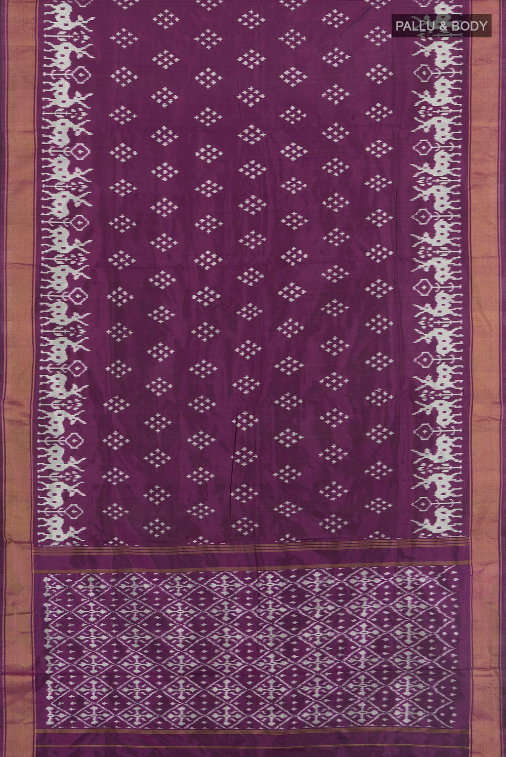 Flat view of Pure Silk Purple Pochampally Saree with Pure Ikat on the body and Zari Border. 