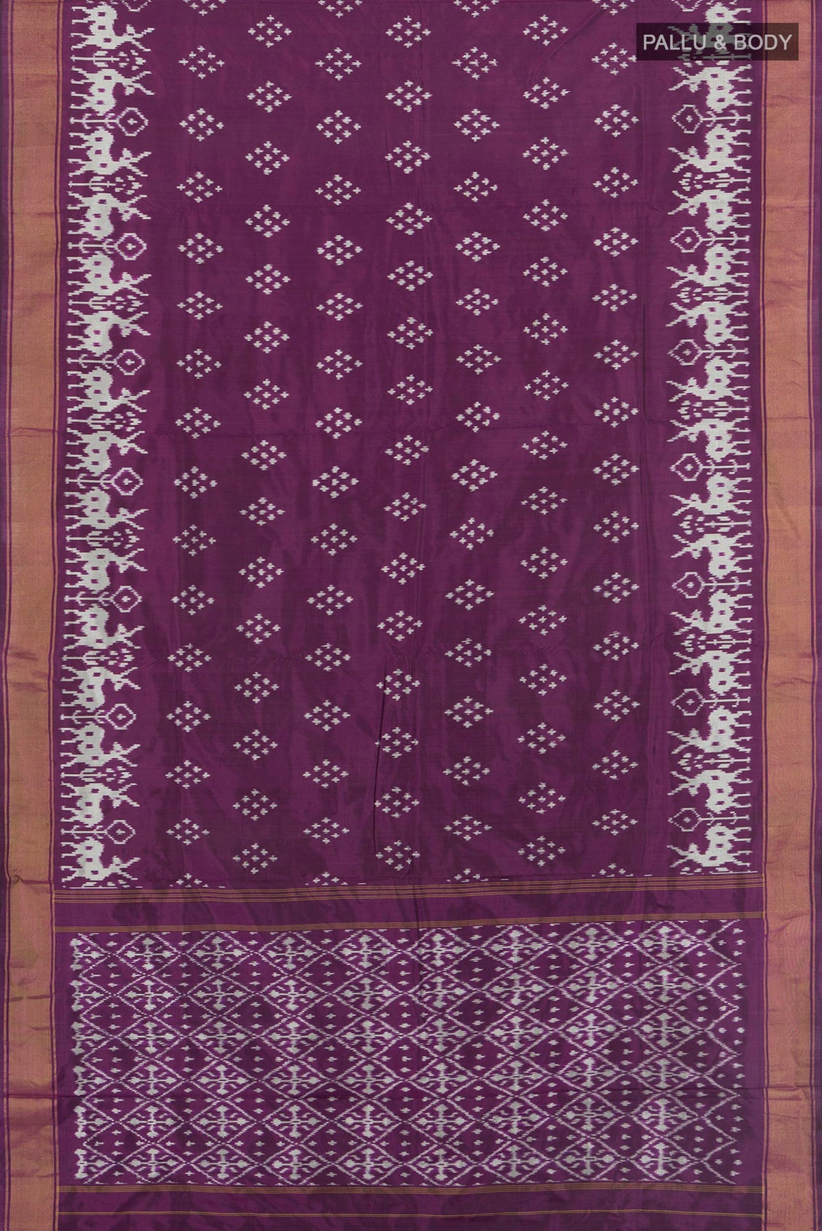 Flat view of Pure Silk Purple Pochampally Saree with Pure Ikat on the body and Zari Border. 